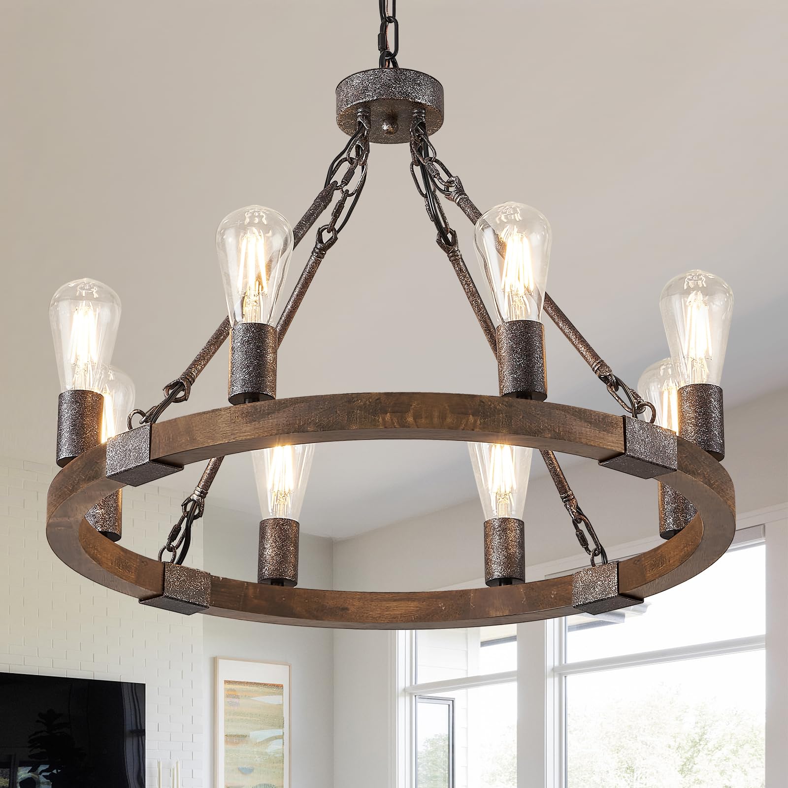 Benkut Farmhouse Wagon Wheel Chandelier 23.6'' Black Rustic Light Fixtures 8-Light Wood Round Chandelier for Dining Room Kitchen