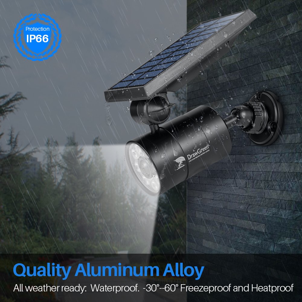 DrawGreen Solar Motion Sensor Light - 1400-Lumen LED Spotlight, 9-Watt, Metal, Black, Model DG08-A, Ideal for Garden & Driveway