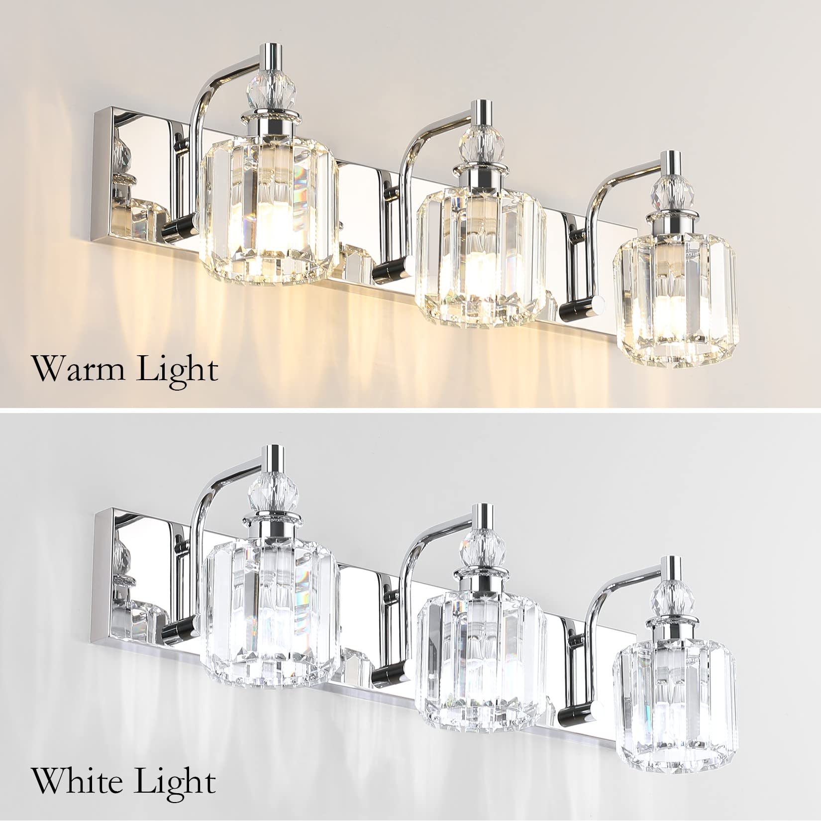 Ralbay 3-Light Crystal Vanity Light Fixtures, 24 Chrome Stainless Steel, Model 8605 For Modern Bathroom Wall Lighting
