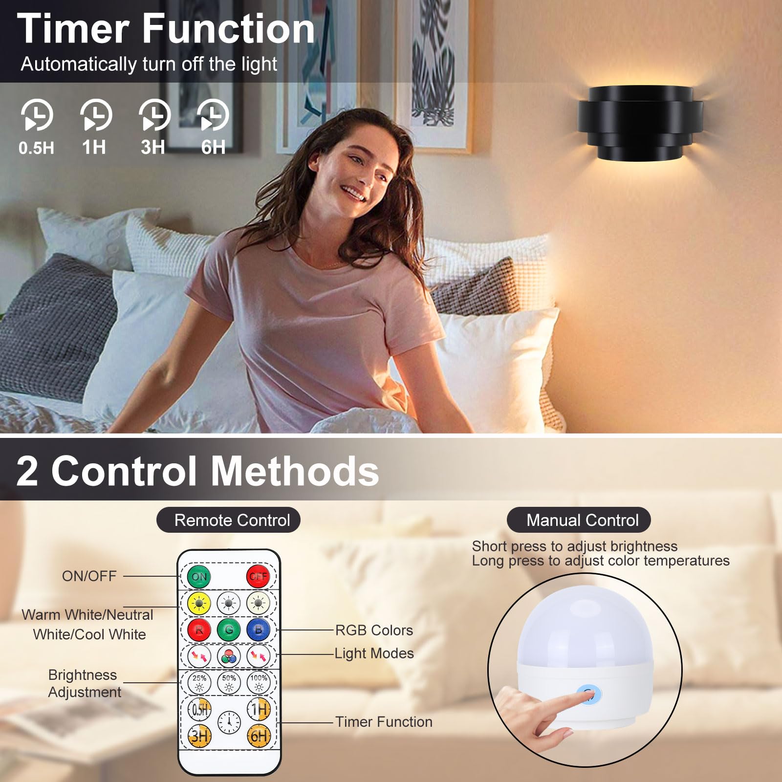 Lightess Rechargeable Wall Sconces With Remote Control, Cordless Wall Light Battery Operated Dimmable, Black Light Fixture For L