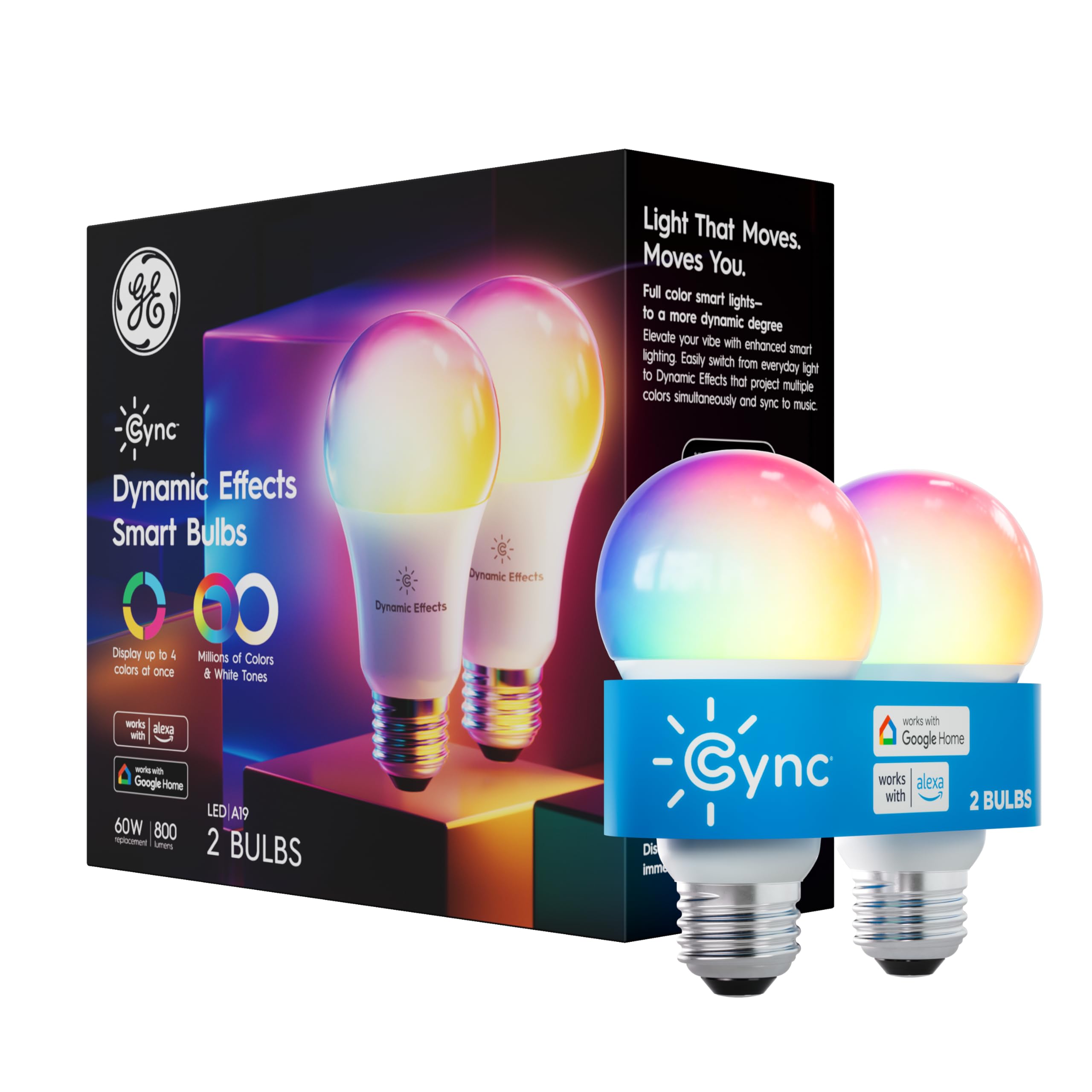 Cync Ge Dynamic Effects A19 Smart Led Light Bulb, Color Changing Smart Wifi Light, Compatible With Alexa And Google Home (2 Pack