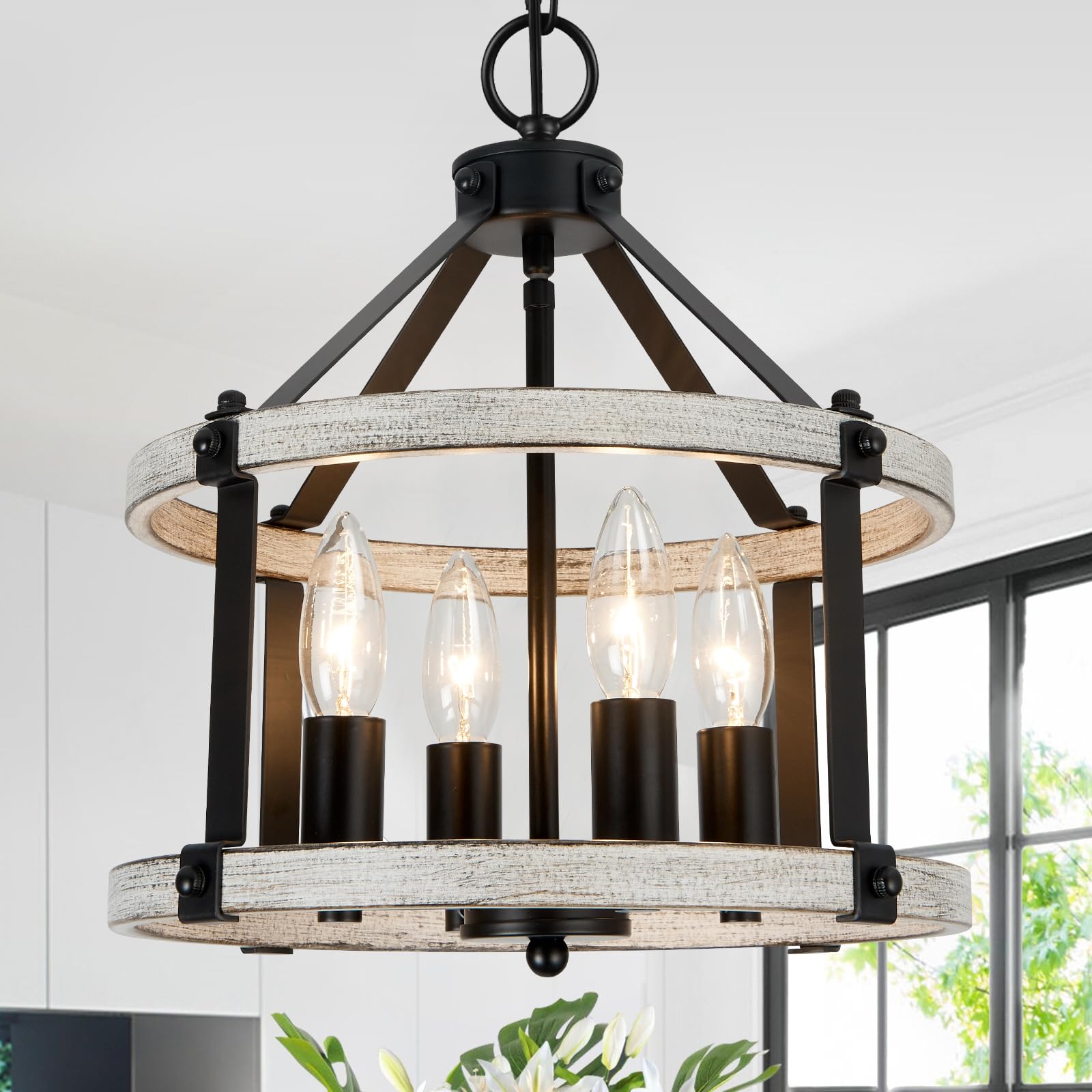 4-Light Farmhouse Chandelier, 12.5 Inch Rustic Black And Vintage Wood Finish Chandeliers For Dining Room Light Fixture, Adjustab