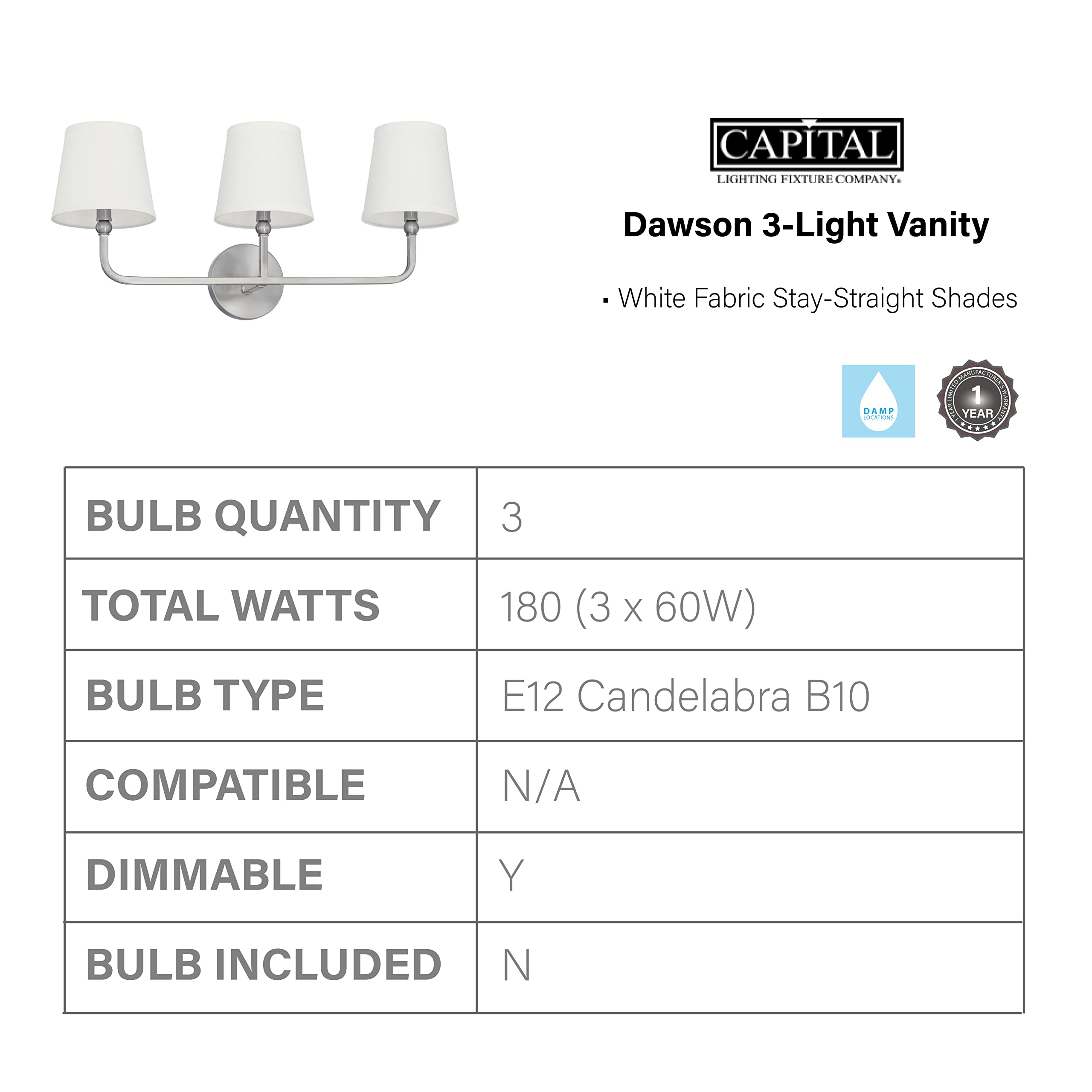 Capital Lighting Dawson 3-Light Bath Vanity Wall Mount, 12inH x 26inW, Brushed Nickel, Metal & Cloth, Model 119331BN-674