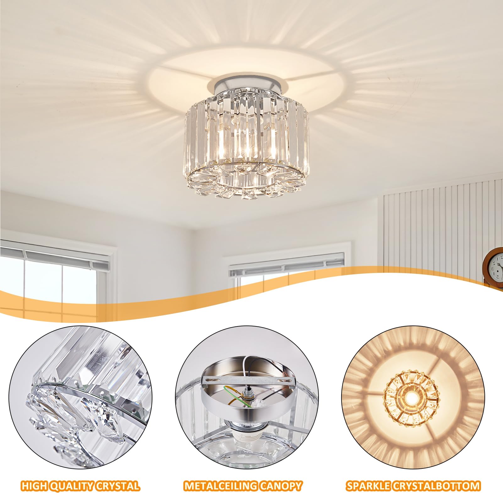 Xieyor Elegant Silver Crystal Chandelier - Modern Semi Flush Mount Ceiling Light Fixtures For Hallway, Kitchen, Bedroom, Living Room, And More