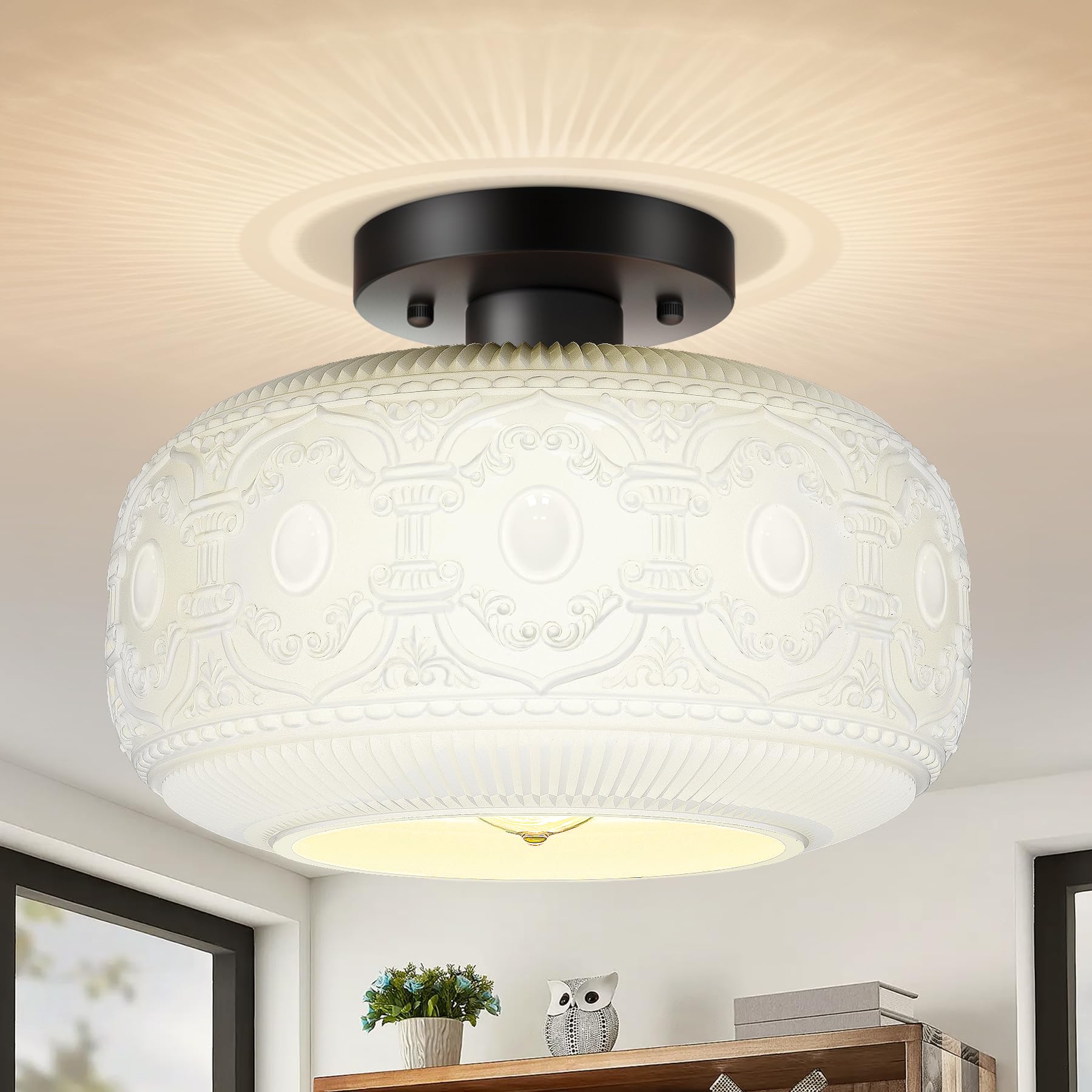 Oykyohei Vintage Semi Flush Mount Ceiling Light, White Glass Fixture For Hallway, Bedroom, Porch