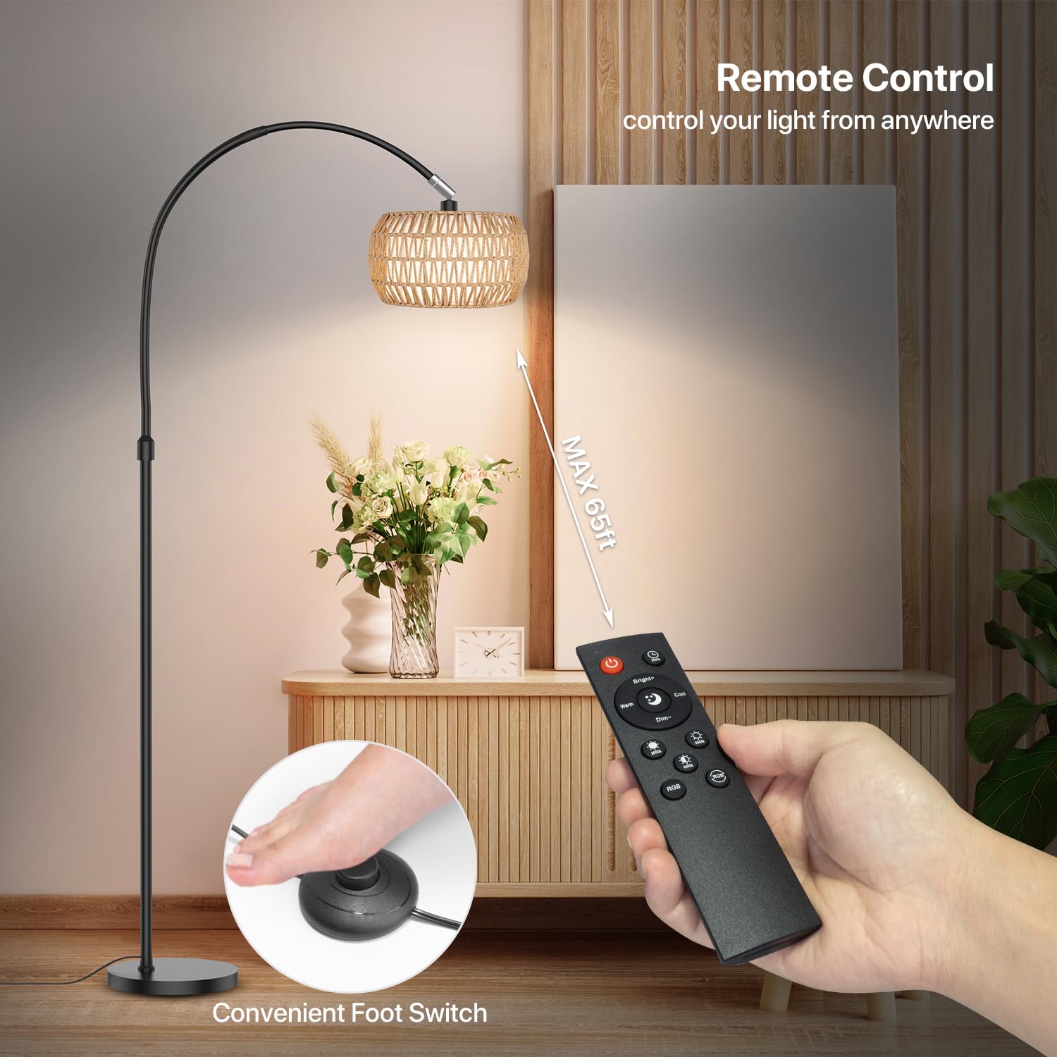 Arc Floor Lamp For Living Room With 3 Color Temperatures, Black Standing Lamp With Remote & Rgb Bulb, Farmhouse Rattan Boho Floo