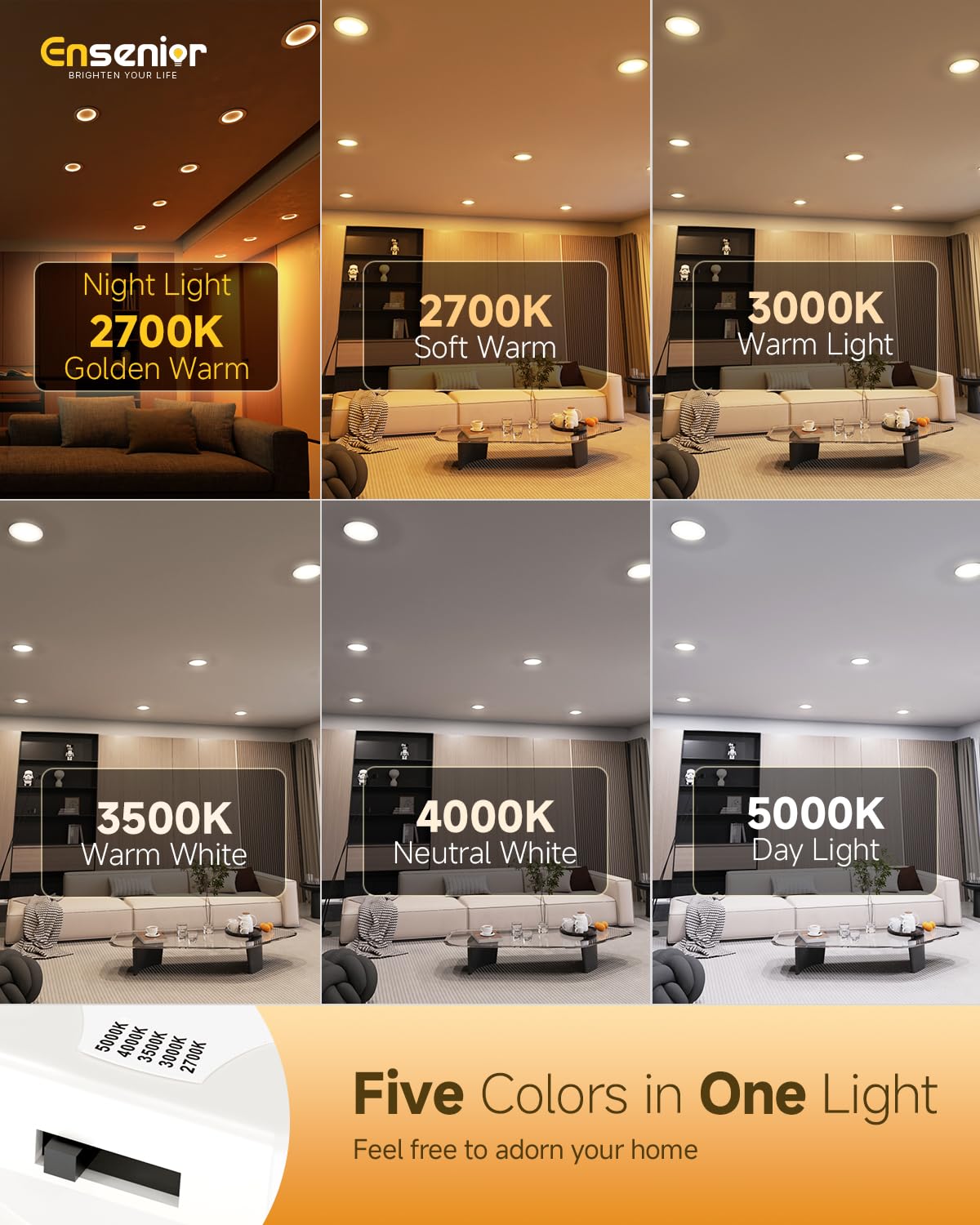 Ensenior 4 Inch Dimmable LED Recessed Lighting - 5CCT Adjustable (2700K-5000K) - Night Light - 4 Pack - Plastic - Model XY