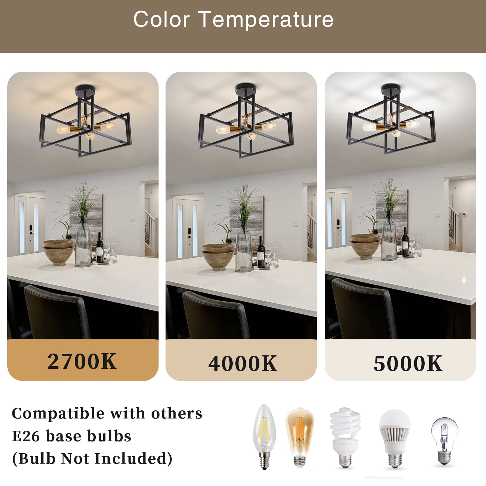 Huismier Industrial Semi Flush Mount Ceiling Light, 4-Light Farmhouse Ceiling Lights Fixture, Black And Gold Metal Close To Ceil