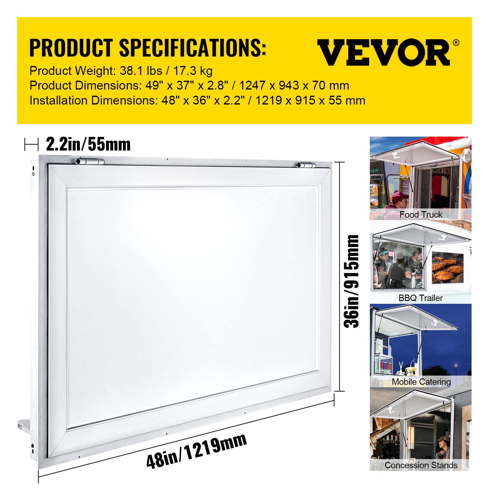 VEVOR Concession Window for Food Truck, 48 x 36 Inch, Silver, Double-Point Fork Lock, Awning Door Up to 85 Degrees, Glass Not Included