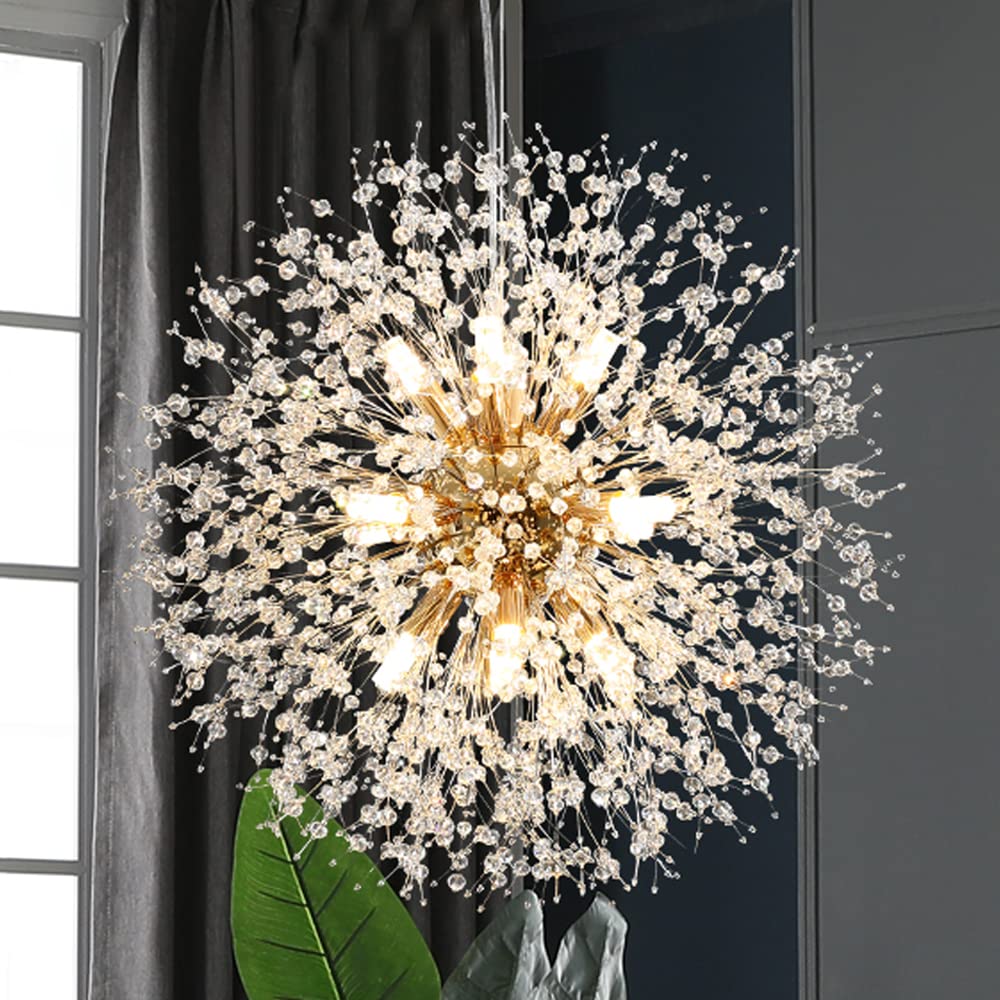 Mivenda Gold Crystal Chandeliers 12-Light Modern Dandelion Light Fixture,Firework Chandelier,Personalized Ceiling Hanging Lighti