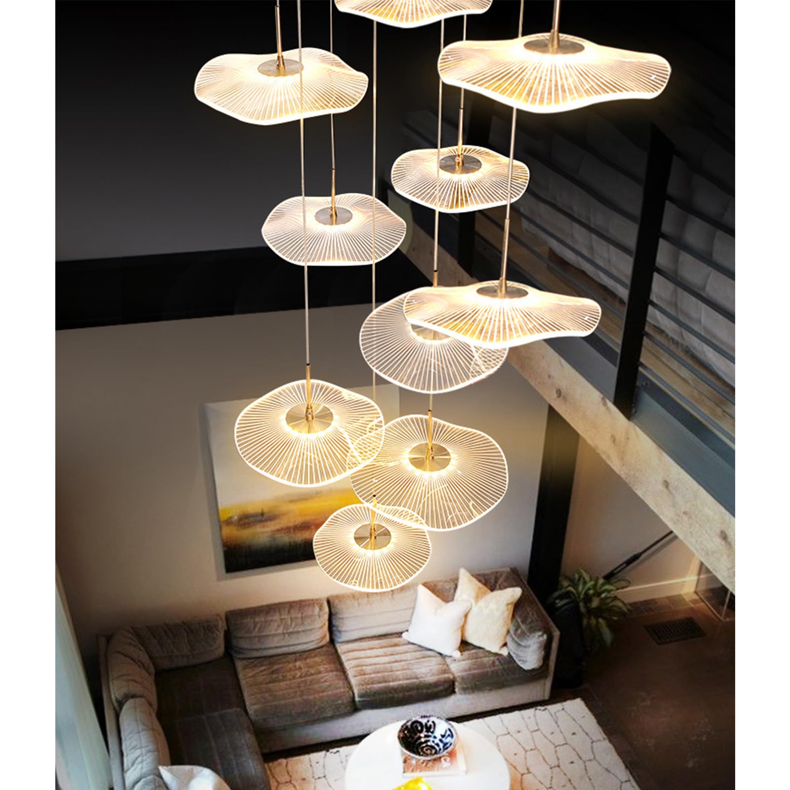 ziidoo High Ceiling Chandelier - 18-Light Dimmable Modern Gold Long Spiral Elegant Linear Lotus Leaf Led Lamp Hanging Pendant Lights for Foyer Enterway Staircase Villas