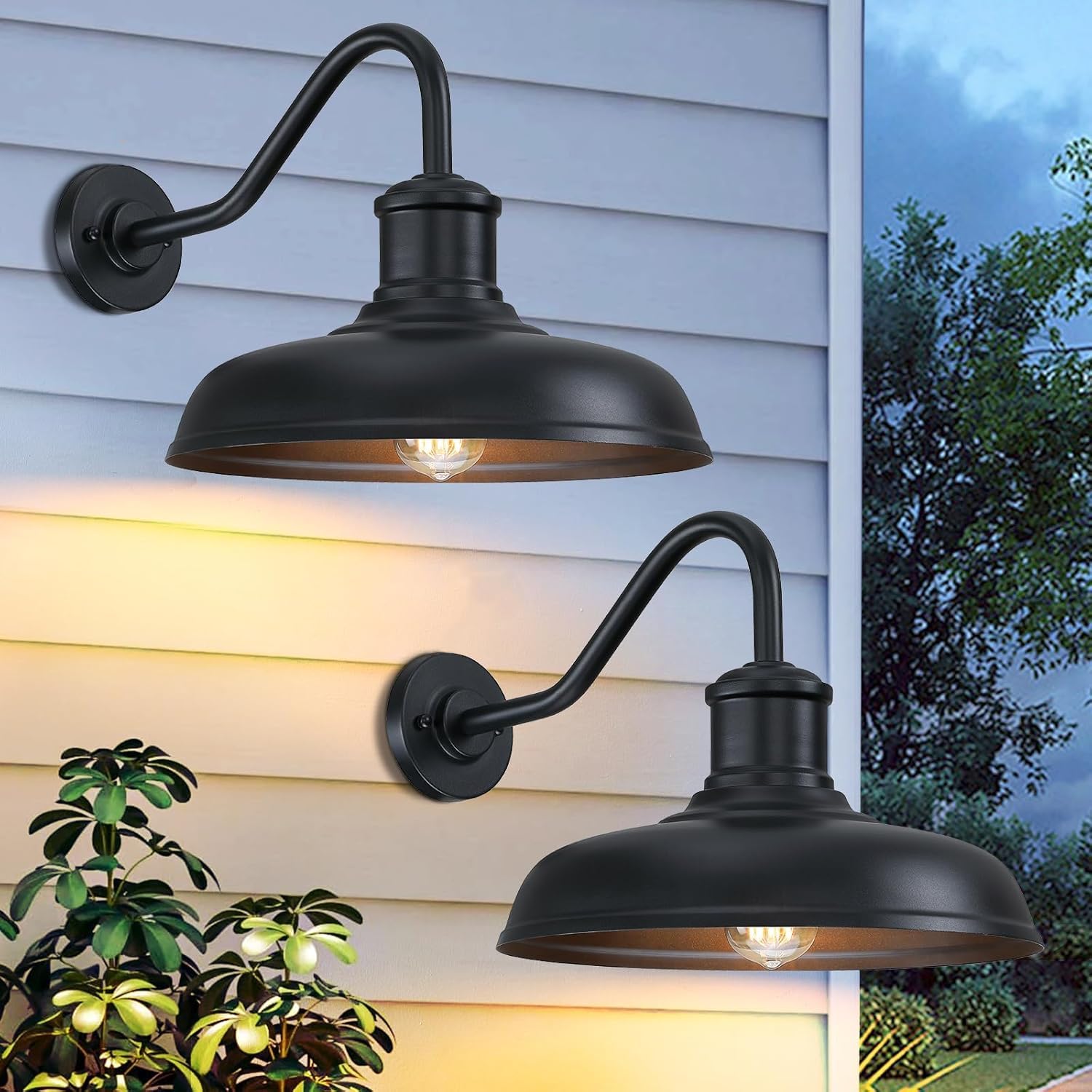 13.8 Diameter Large Outdoor Gooseneck Barn Light 2 Packs  Outdoor Wall Sconce Farmhouse Exterior Light Wall Lighting Fixture Industrial Outside Lantern For Porch  Patio  Garage  Black (No Sensor)