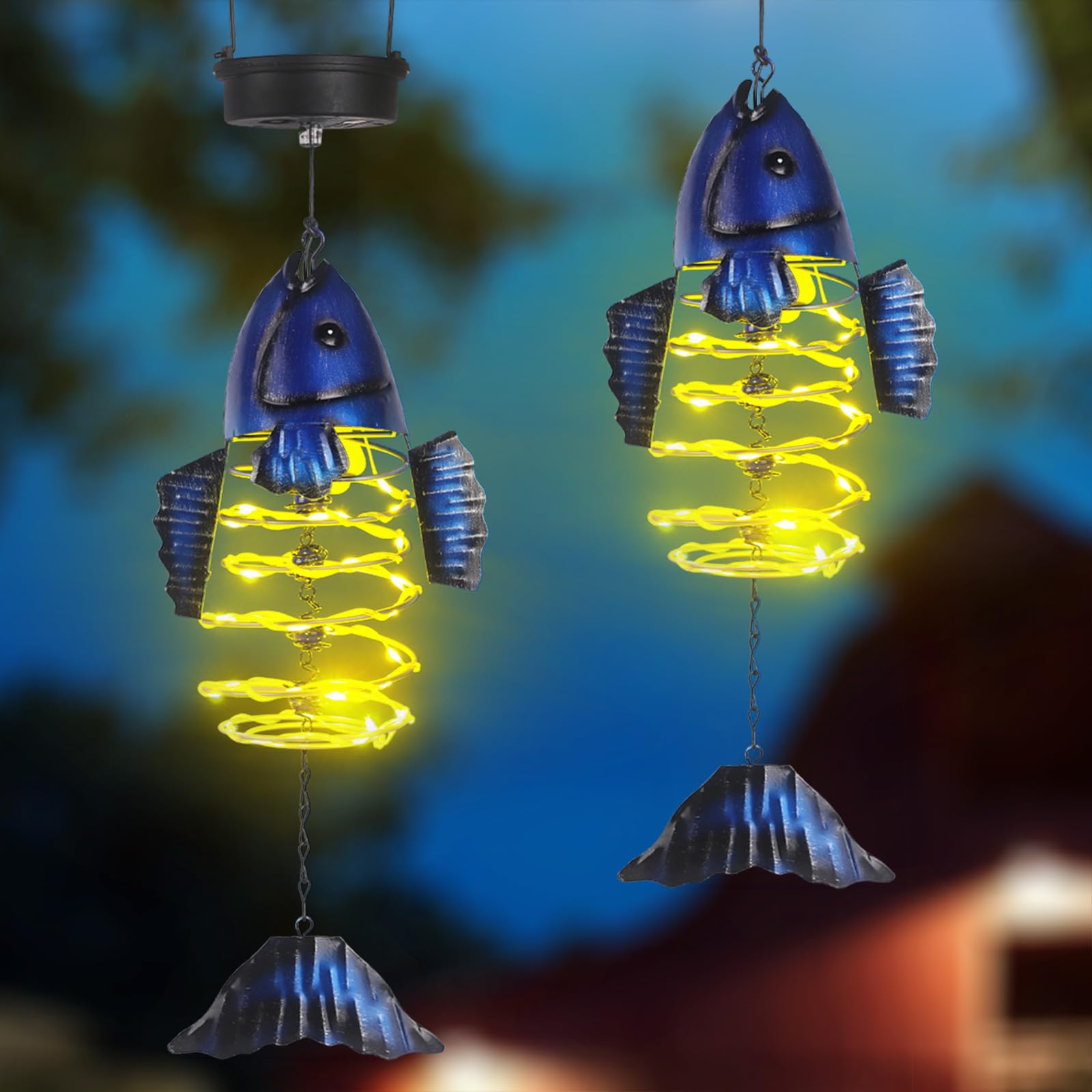 2 Pack Fish Solar Lights Outdoor Hanging Lantern with Handle, Solar Powered Fish Garden Decor for Outside Patio Yard Porch Pathw