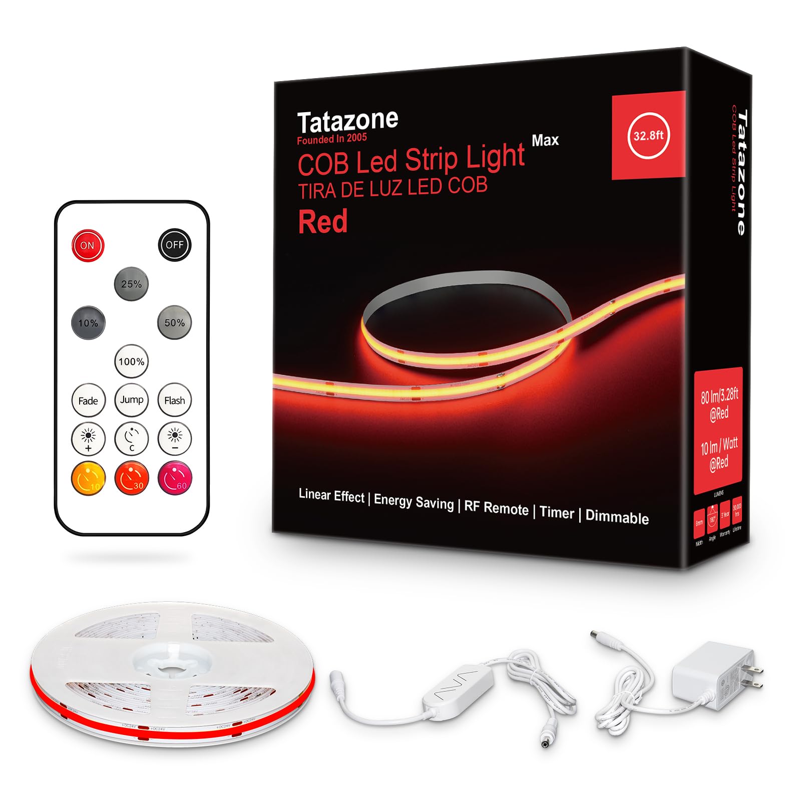 Tatazone 32.8ft Red COB Led Strip Lights with RF Remote, Dimmable Bright Dotless Adhesive Indoor Led COB Light Strip for Cabinet