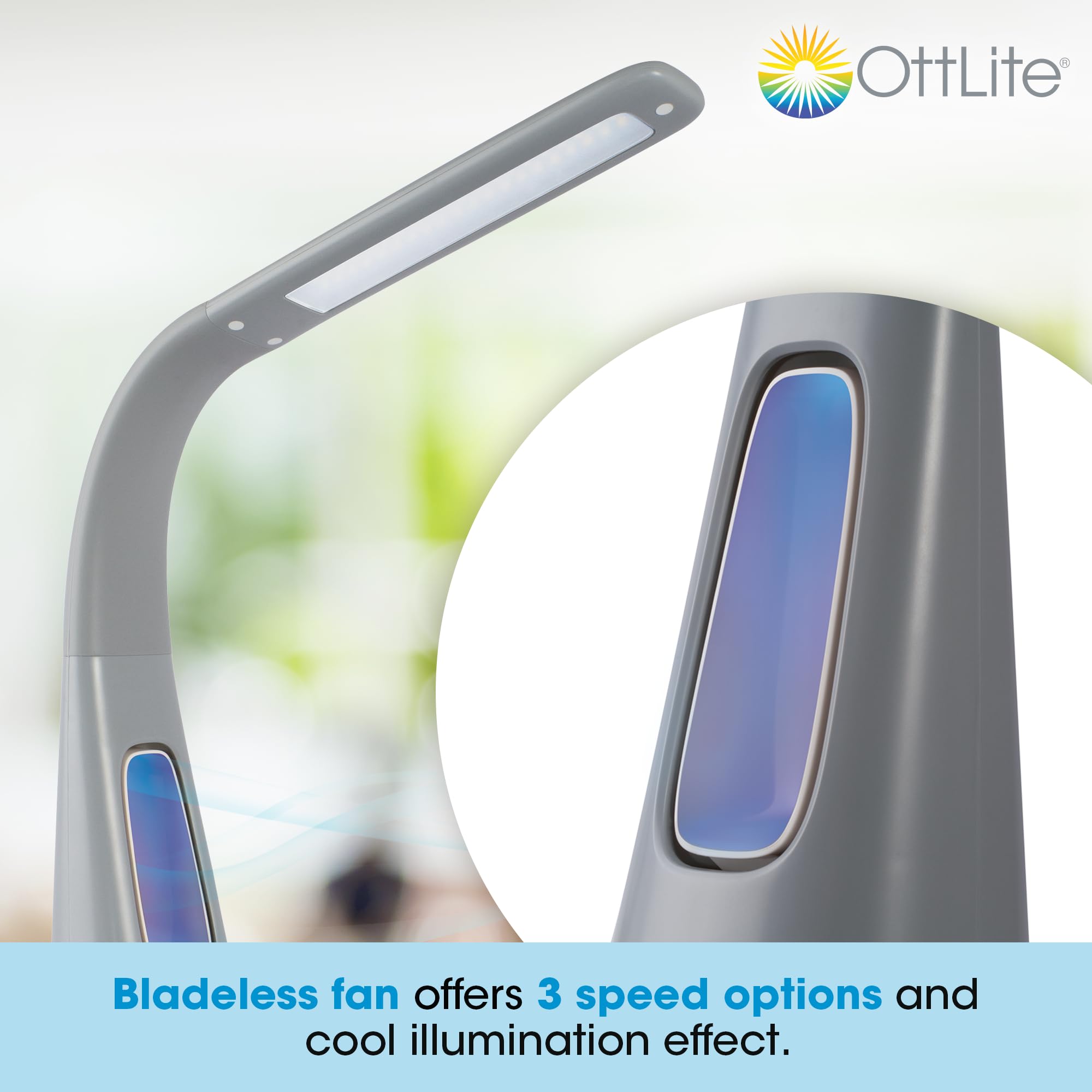 Ottlite Cool Breeze Led Lamp With Fan (Gray) - 3-Speed Bladeless Fan & 5 Brightness Settings With Touch Activated Controls, Ener