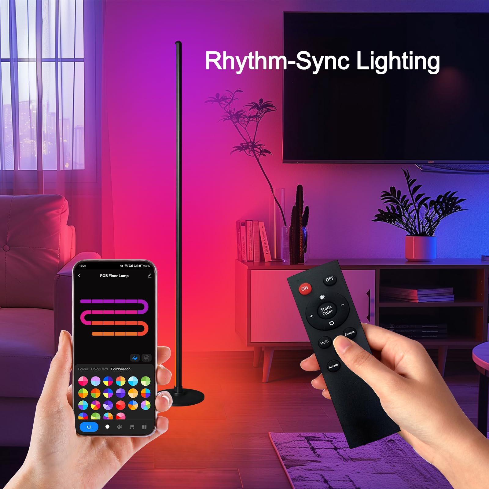 wooaismart RGB LED Floor Lamp, 16 Million Colors, Music Sync, 4.4ft Tall, Black, Model LD03-3-433