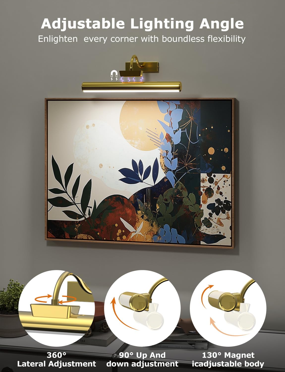 Skairipa Picture Light, 13in Battery Operated, Dimmable, Metal, Gold, Model SN00146, 1Pack