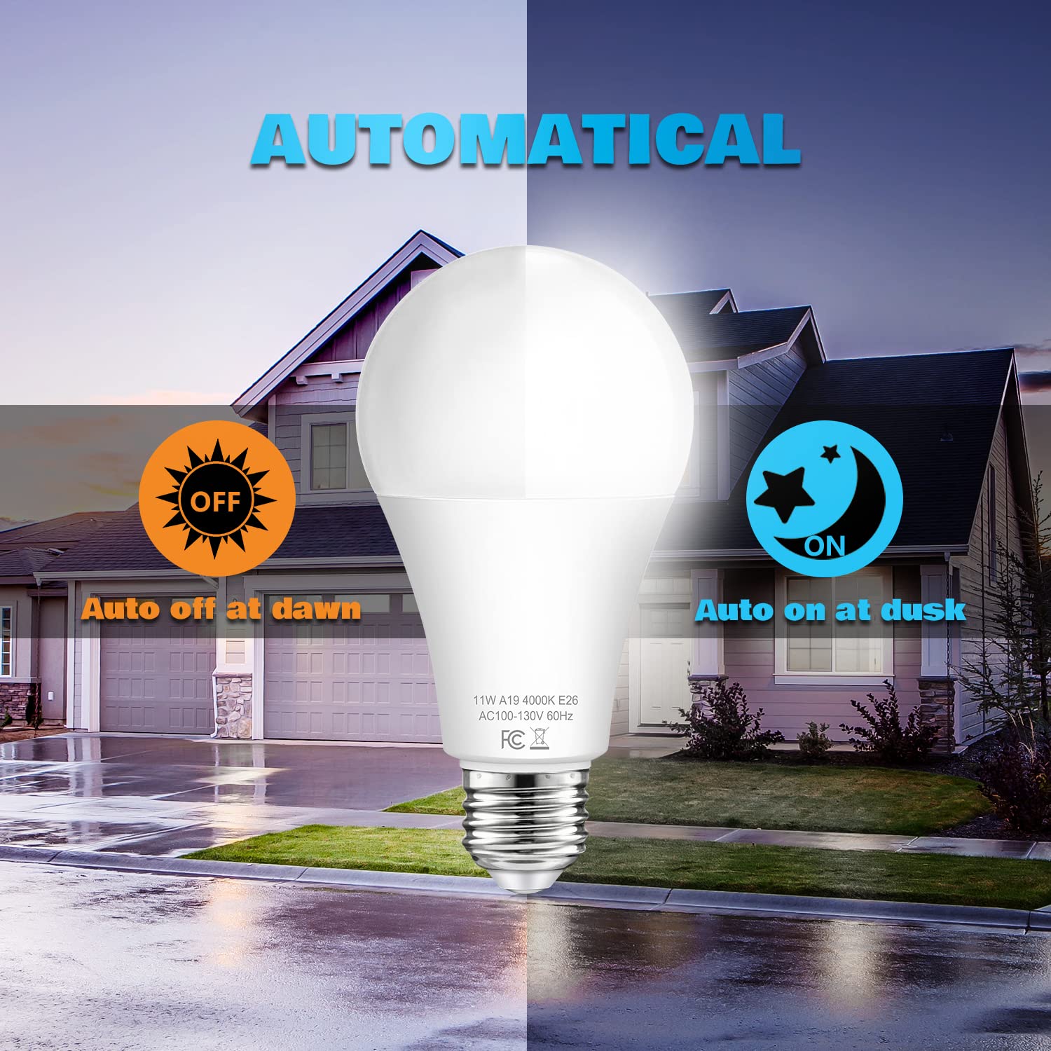 Tobusa Dusk To Dawn Sensor Light Bulb Outdoor, A19 Led Bulbs Auto On Off 100 Watt Equivalent, E26 Sensor Bulbs Neutral White 400