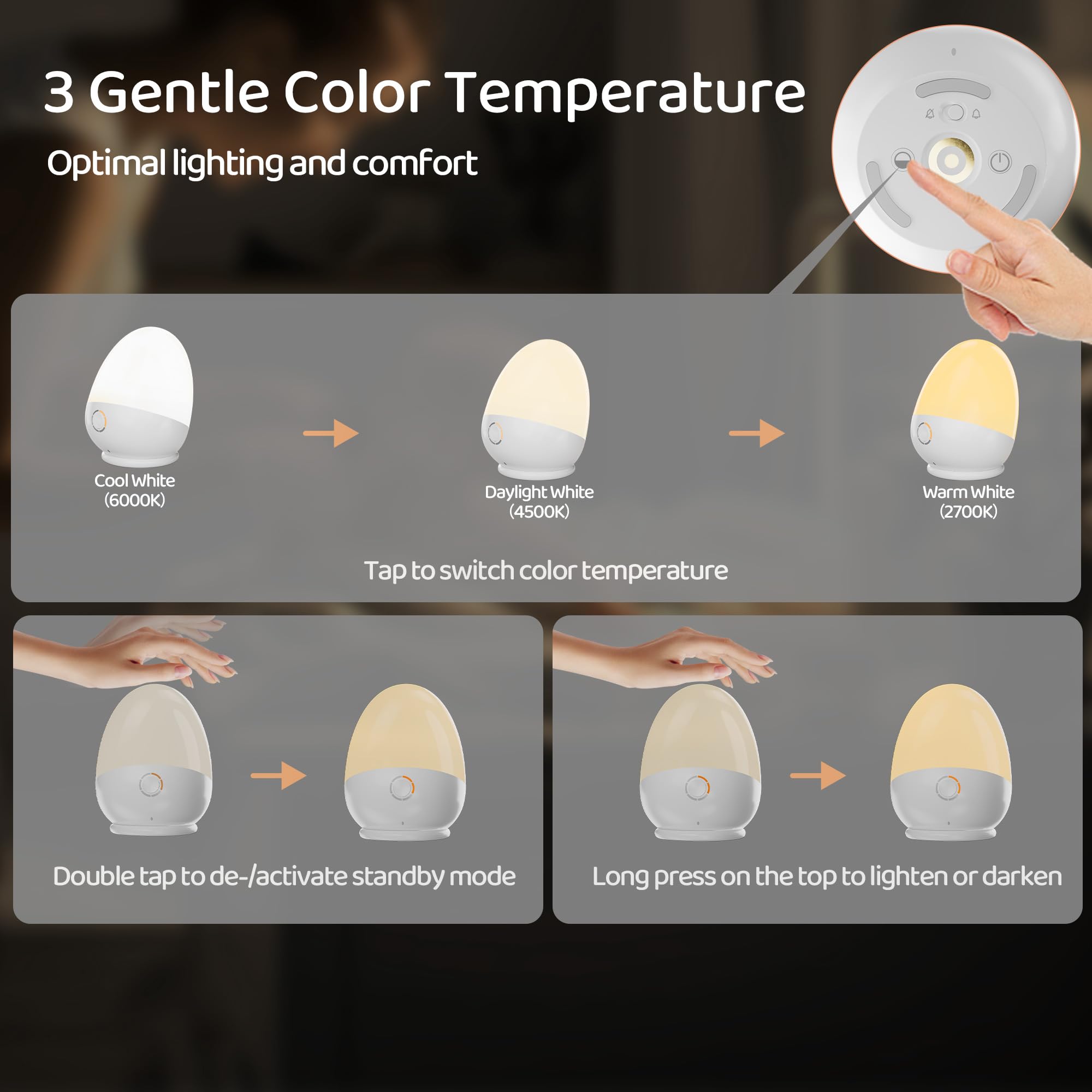 ZUZUKID Touch Egg Night Light - Rechargeable Kids Lamp with Timer, 3 Colors, 4x3.8x5 inches, White, Model MP001