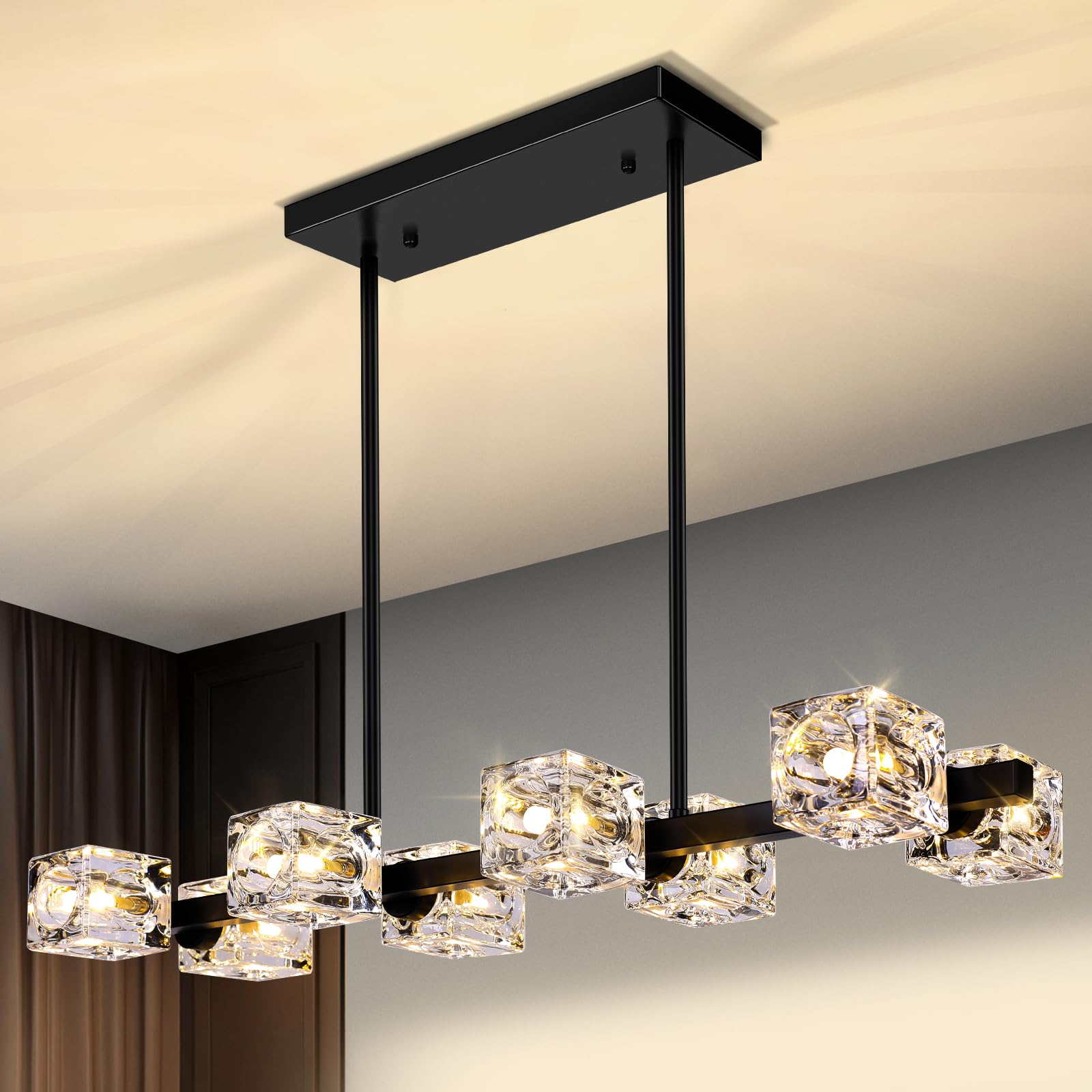 Black Chandeliers for Dining Room, Modern Crystal Pendant Lights Fixture with Cube Shade, 8-Lights Farmhouse Hanging Dining Ligh