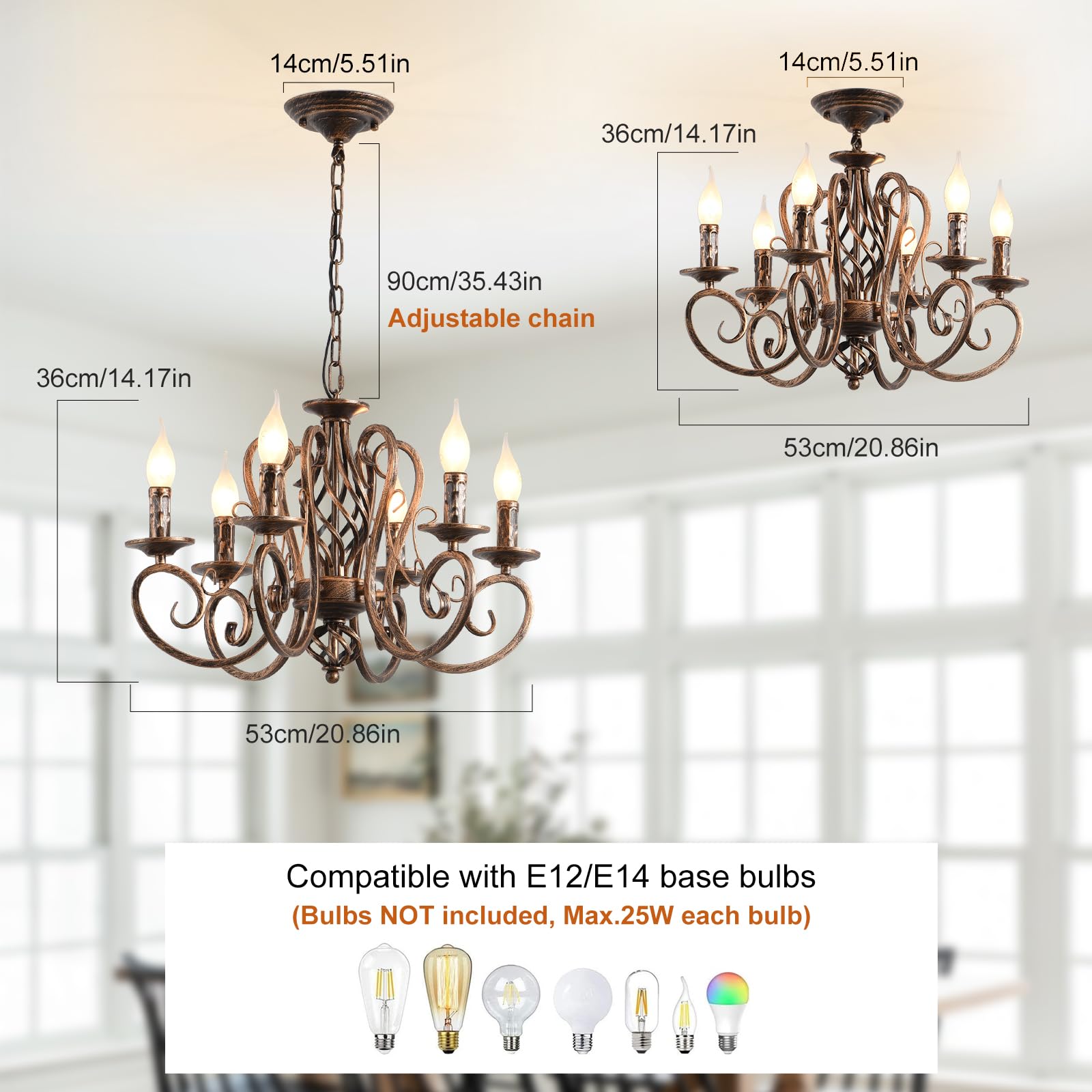 Ganeed French Country Chandeliers,6 Lights Candle Wrought Iron Chandelier,Rustic Farmhouse Pendant Light Fixture Hanging Lightin