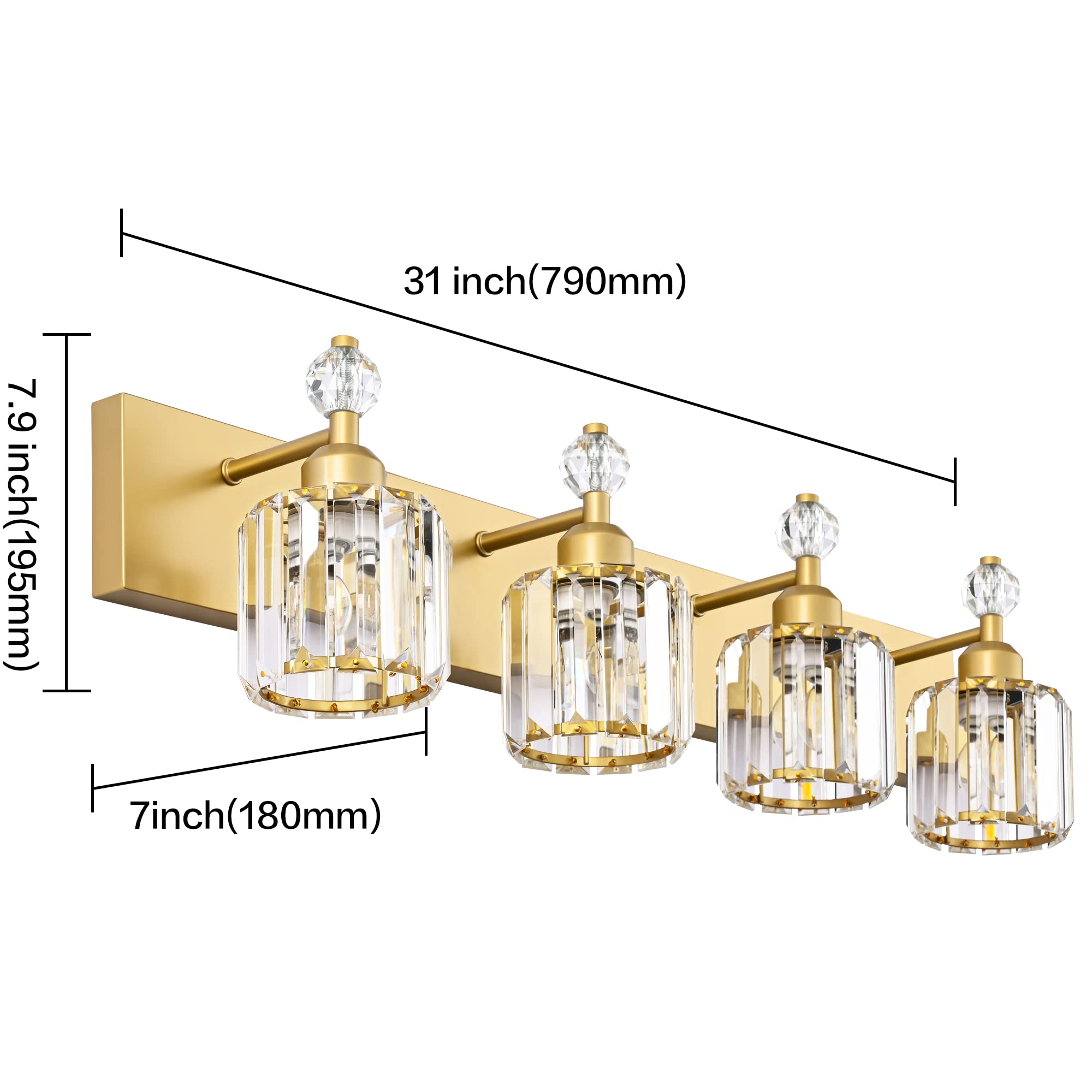 PRESDE Modern Crystal Bathroom Vanity Light 4-Light Stainless Steel Gold Finish