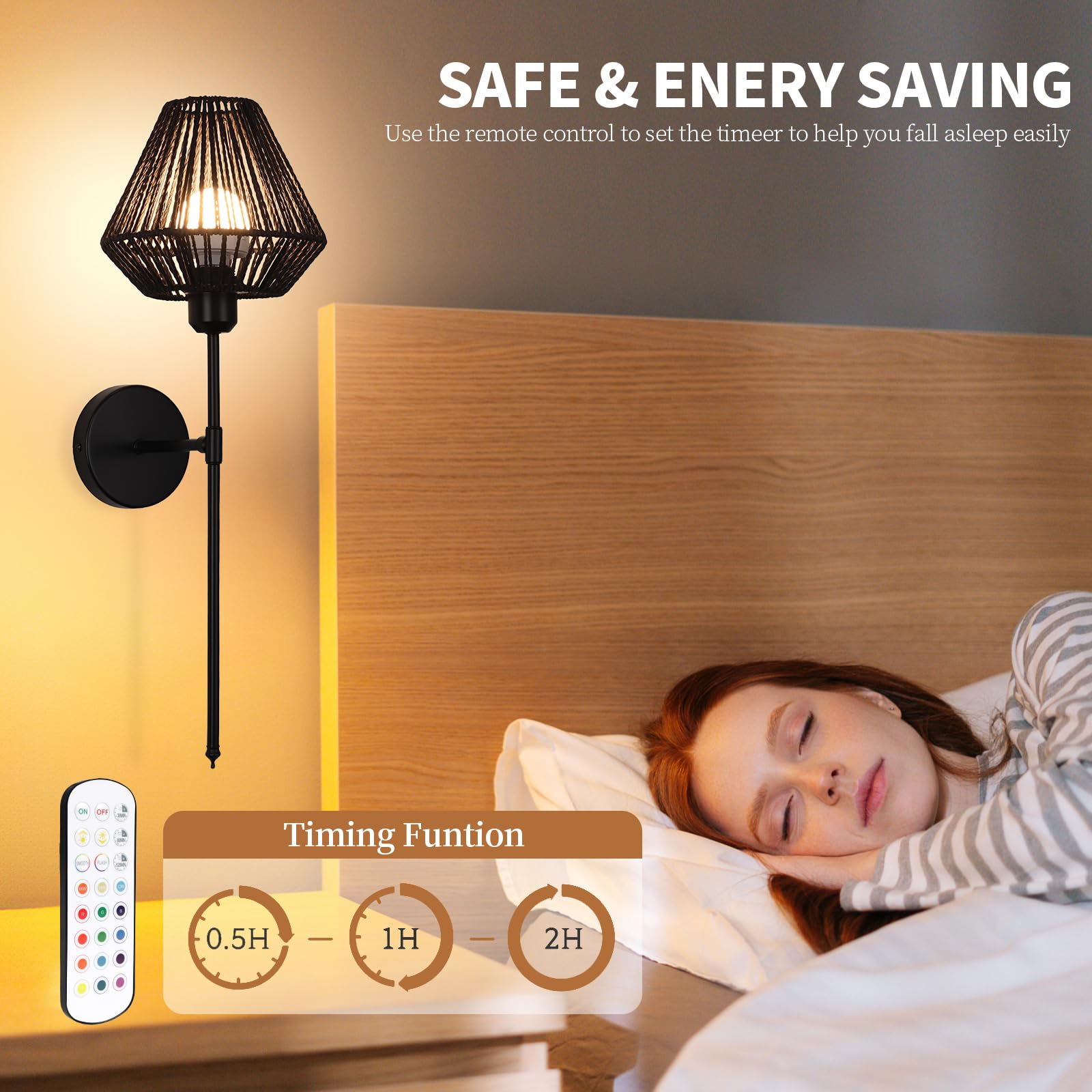 Ovyiech Wall Sconces Set of 2, Dimmable Rattan Rechargeable Light with Remote, 15 Color Changing, Black, Model YH8803H