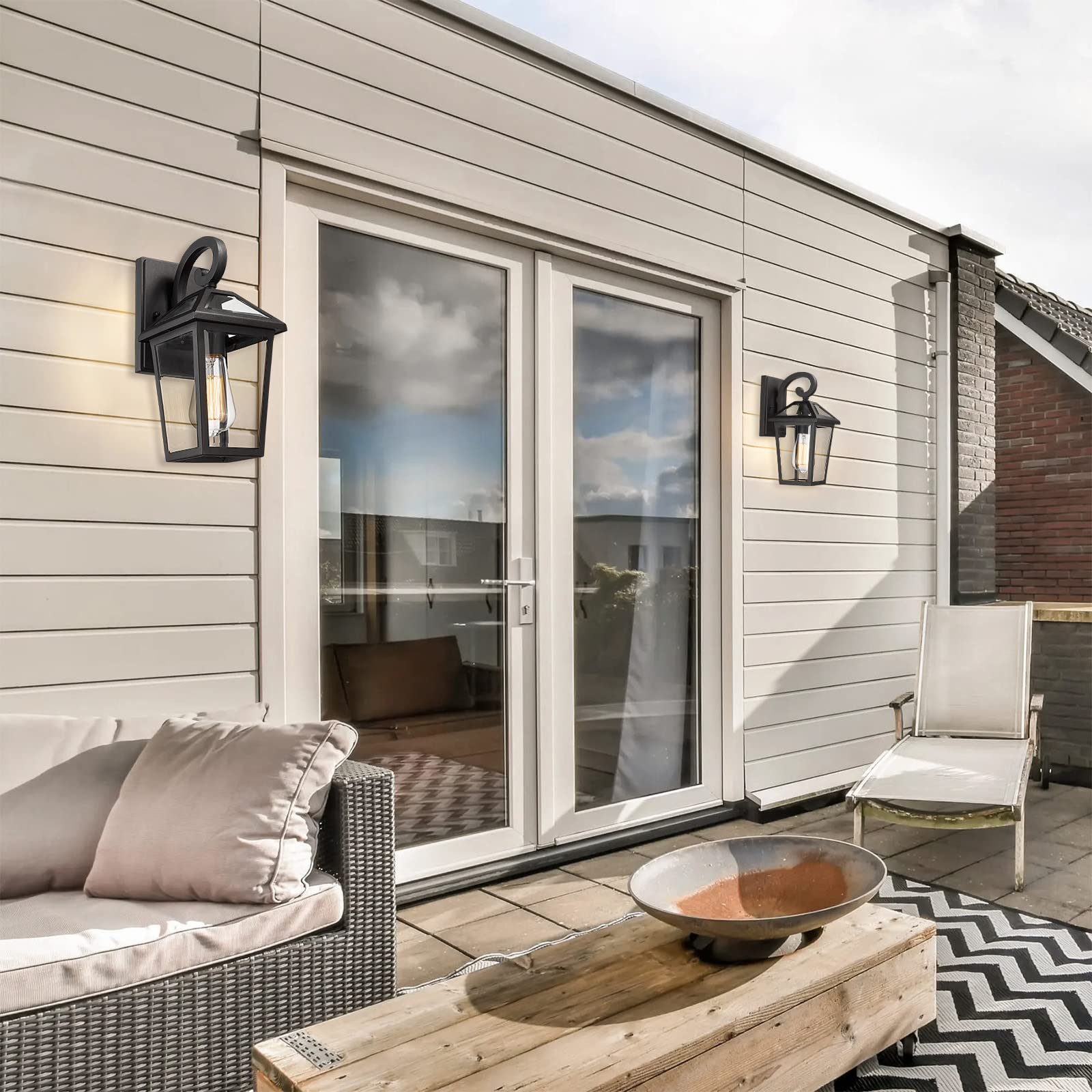 Luminzone Waterproof Outdoor Wall Lanterns - Black Glass Sconces (Small, 2 Pack)