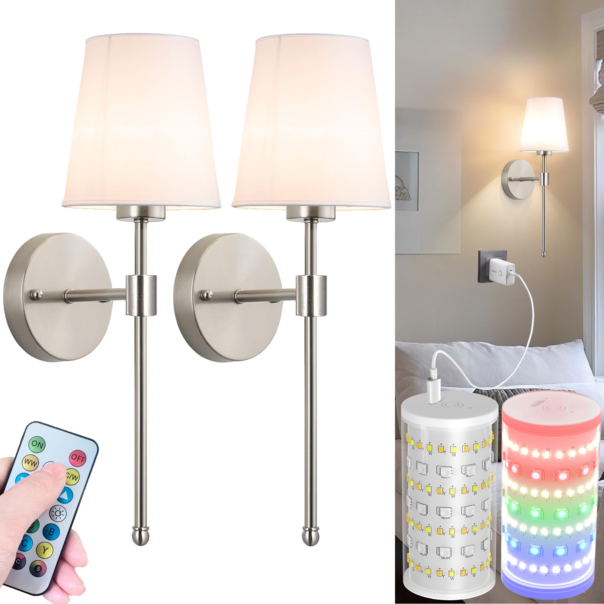 Battery Operated Wall Sconces Set Of 2  Wireless Battery Wall Light With 10000Mah Rgb Rechargeable Magnetic Bulb  Rechargeable Wall Sconce With Remote Control For Bedroom  No Electrician Required