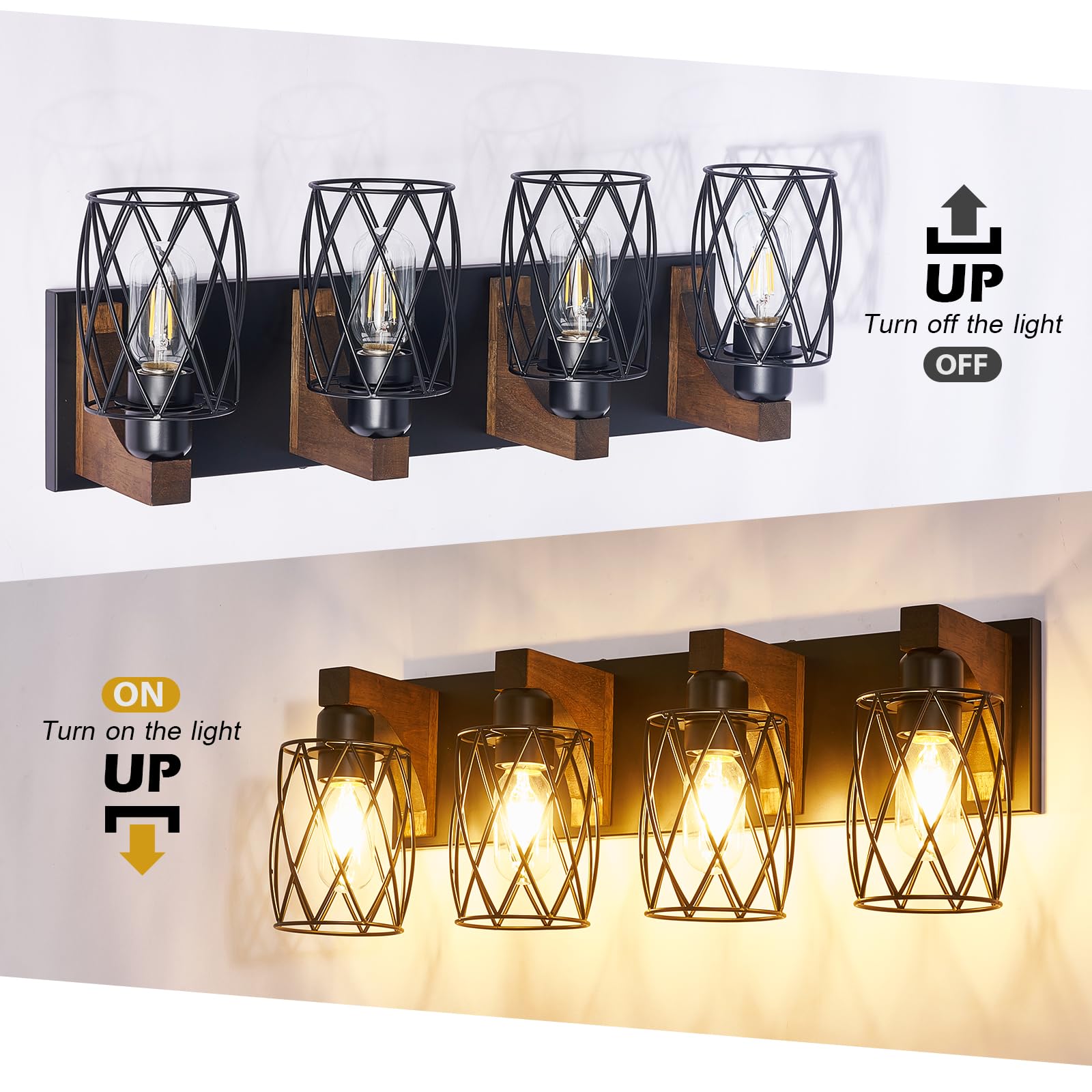 RVONOW 4-Light Bathroom Vanity Light, Black Metal Cage Shade, Rustic Wood Design, Model B219-057-04-BK