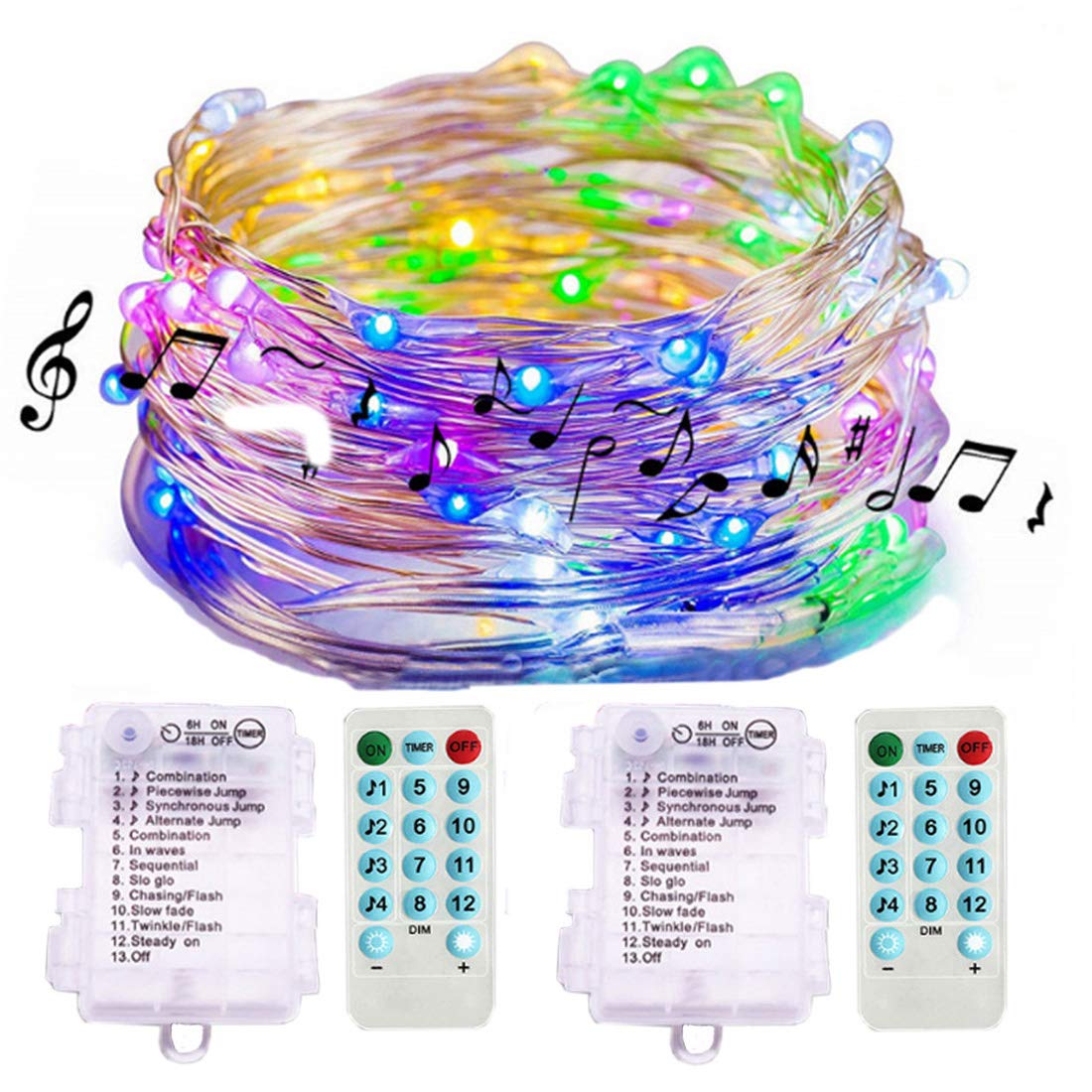 Amants01 2 Pack Sound Activated Music String Lights 32.8ft 100 LEDs Multicolor Waterproof with Remote Control for Parties and Weddings