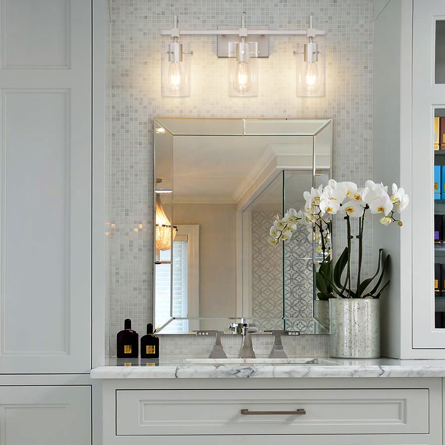 SOLFART 3 Lights Vanity Light Fixture, Brushed Nickel, Glass Shade, Model 7200-3T-NK, Vintage Bathroom Lighting Over Mirror