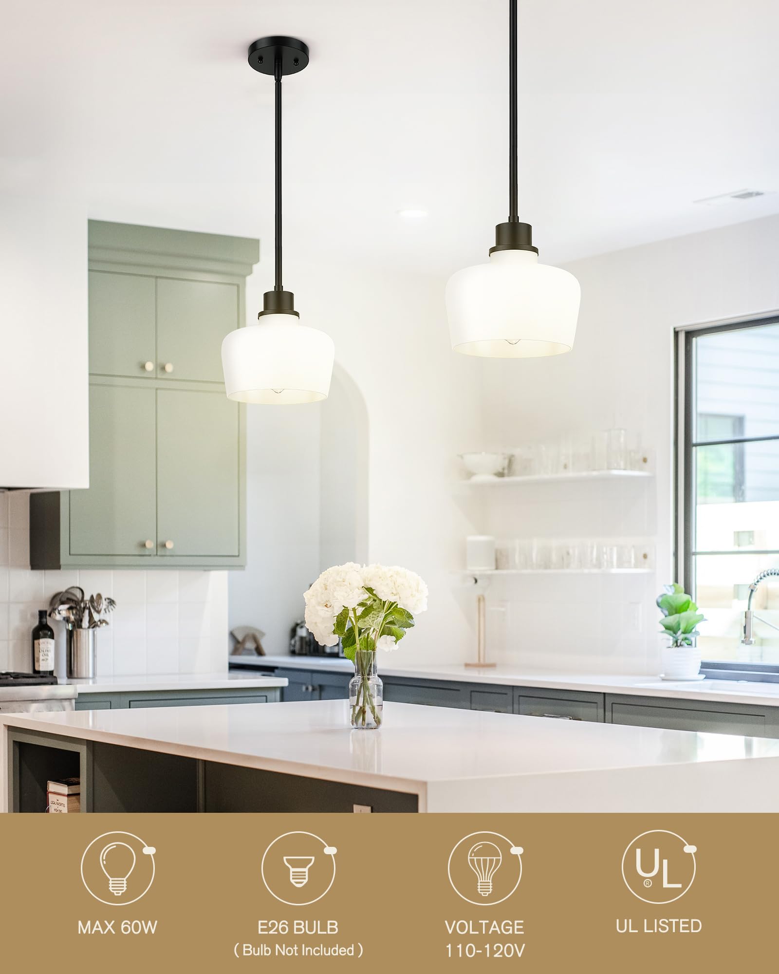 Emak Modern 8 Inch Black Pendant Light, Farmhouse Pendant Lighting With Milk Glass Shade, 1 Light Hanging Light Fixture For Kitc