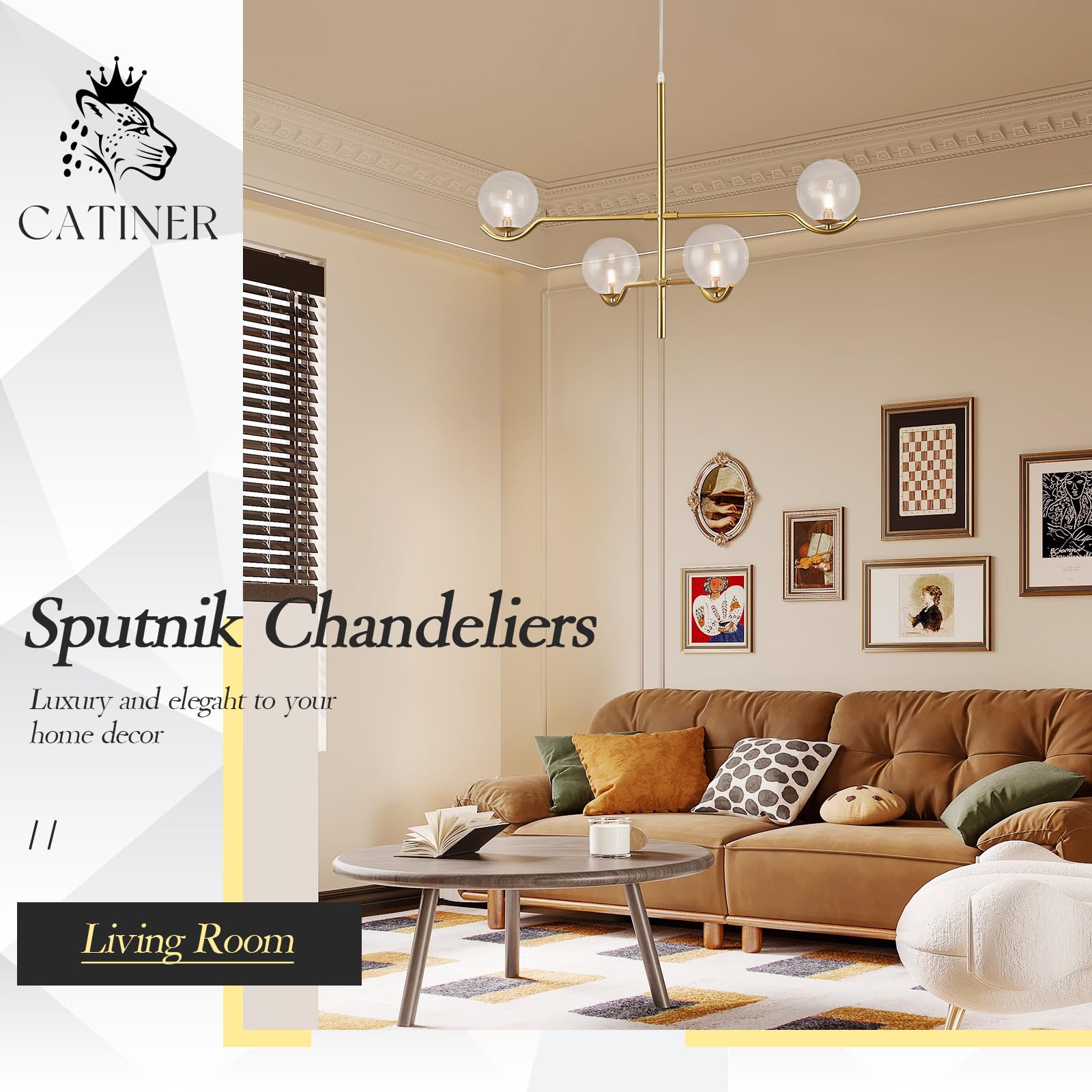 Catiner 4 Lights Gold Sputnik Chandelier, Modern Large L31 '' Mid Century Long Ceiling Pendant Light Fixtures With Clear Glass G