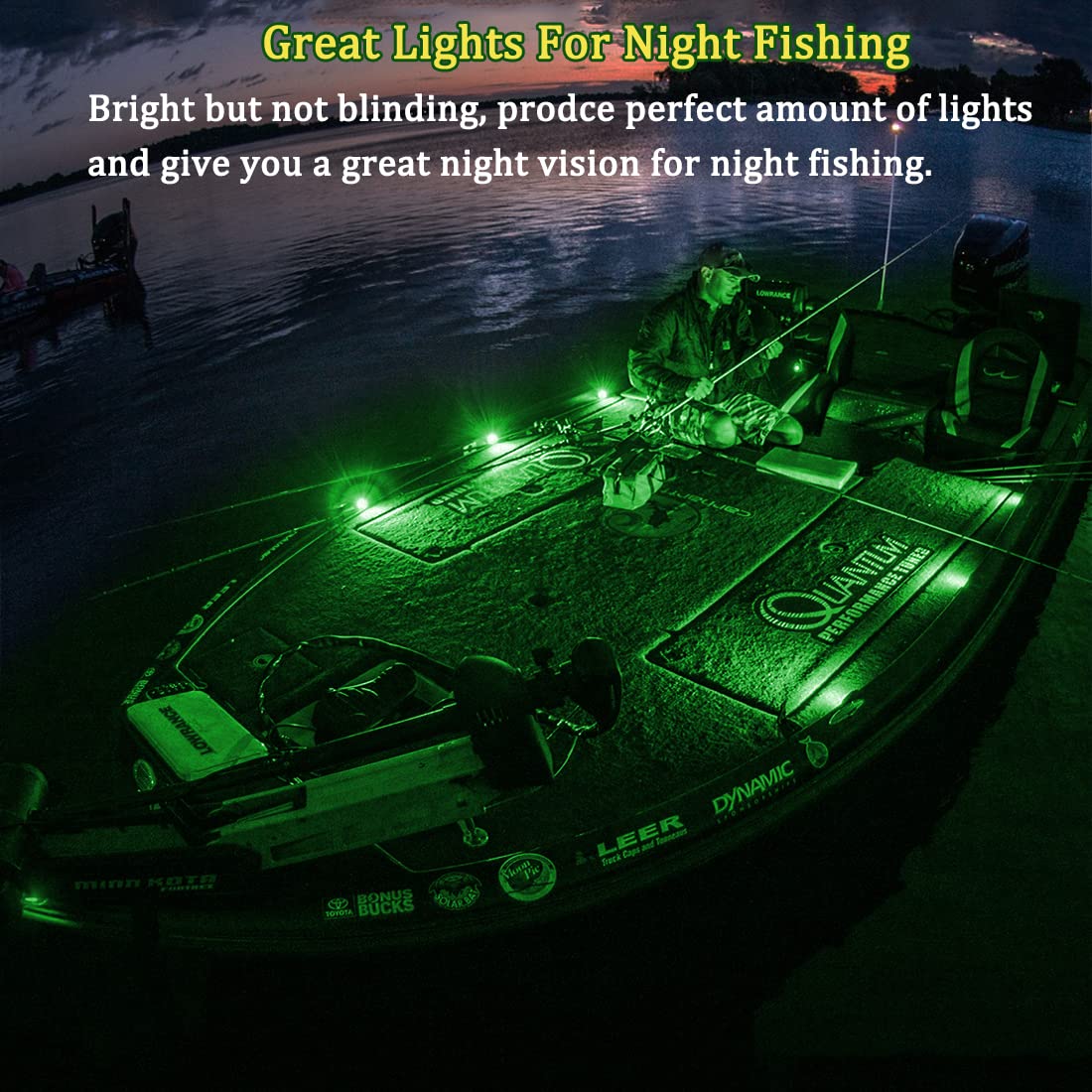 Boaton Marine LED Night Fishing Lights - 10Pcs Green, No Drilling Install Boat Deck Courtesy Lights, Model 996299540