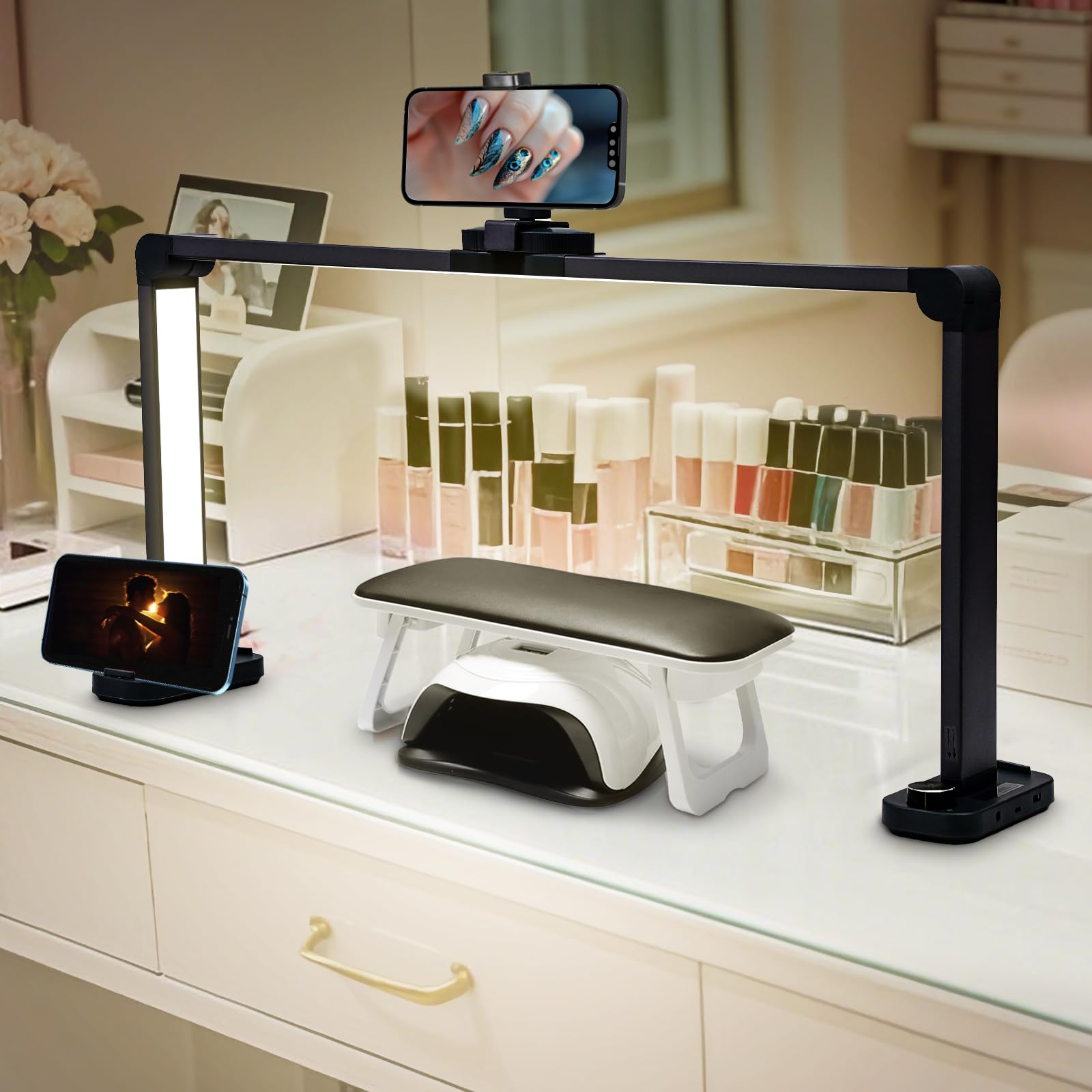 CGBE Nail Table Light: 33.5 Nail Desk Light with Phone Holder - 456 LED 3 Light Colors &10 Brightness Levels Half Moon Table Lig