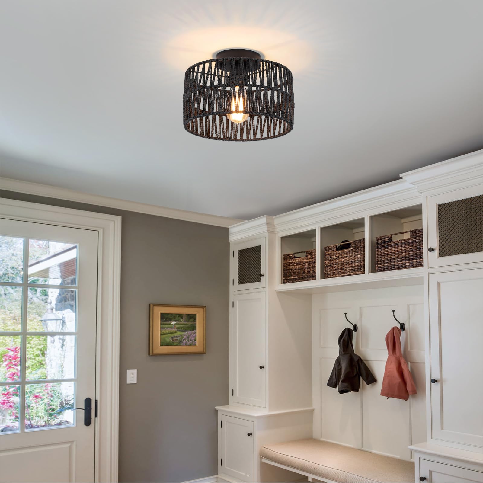 Hchunqjor Coastal Black Woven Flush Mount Light Fixture Rustic Industrial Hemp Rope Round Flush Mount Ceiling Light For Hallway