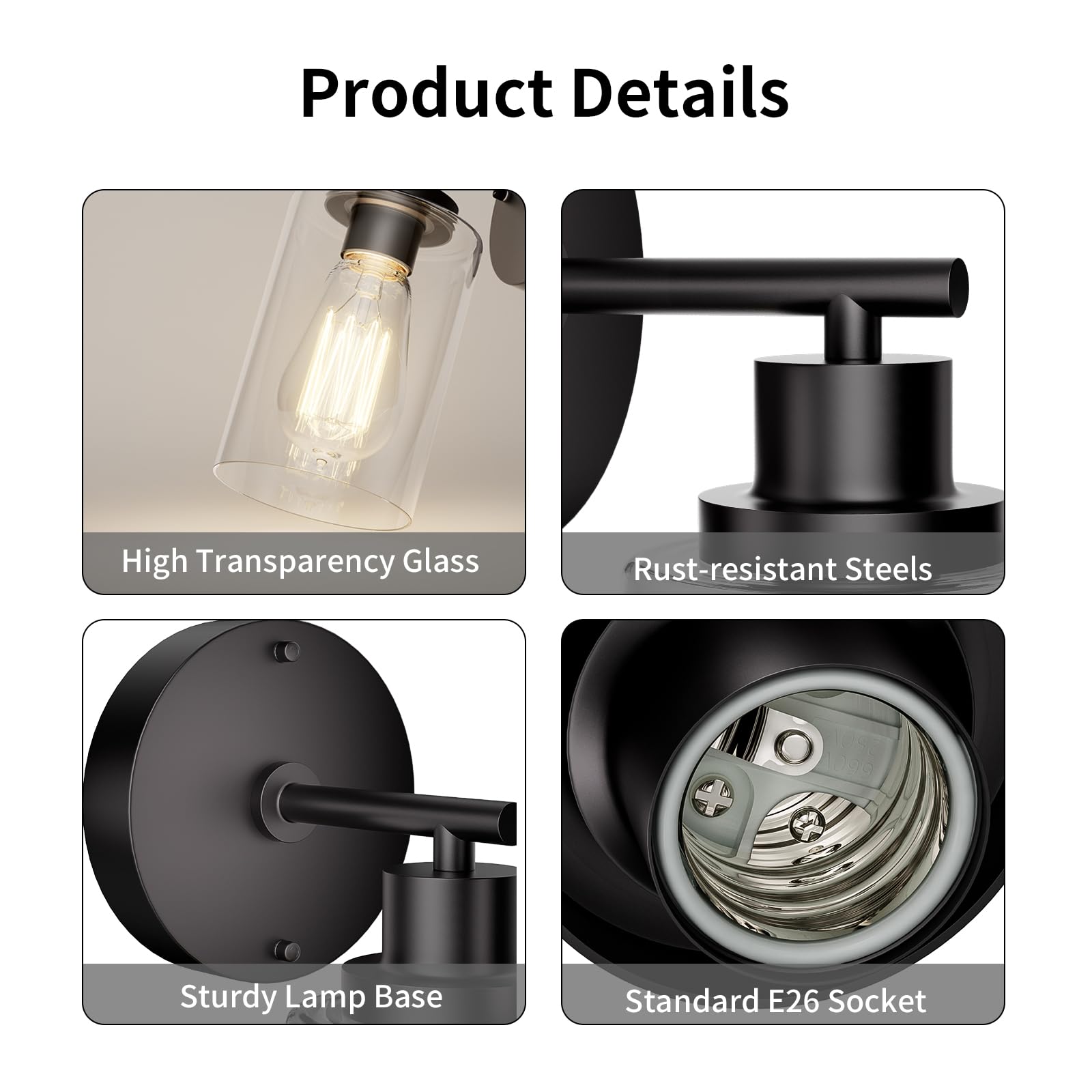 Buthy Black Wall Sconce Light: Modern Wall Sconces Indoor, Led Wall Light Fixtures With E26 Base And Clear Glass Shade, Sconces Wall Lighting For Hallway, Bedroom, Living Room, And Mirror