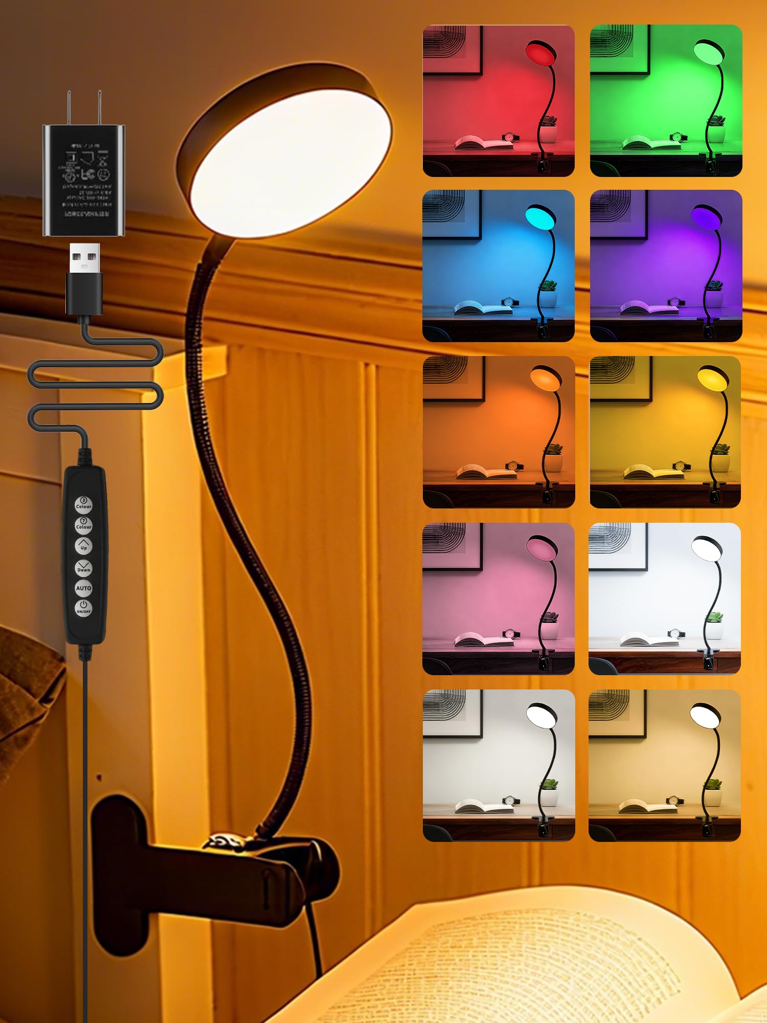 ReinHoo Clip on Light,10 RGB Colors&10 Brightness Clip on Lamp,500LM Bright Reading Light for Bed,Clip on Desk Lamp Reading Lamp