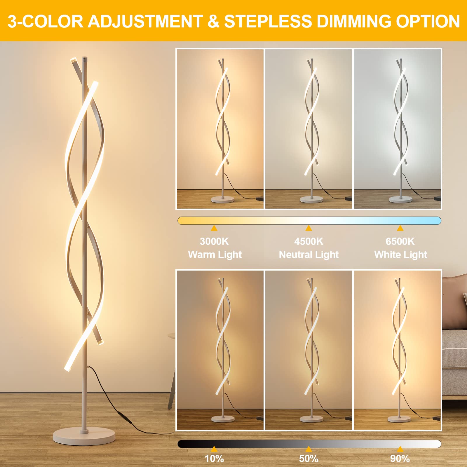 Jtfany Modern Spiral Floor Lamp With Remote Control - 60 Inch Dimmable White Lamp, 48W, Timer, 3 Color Temperatures For Living R