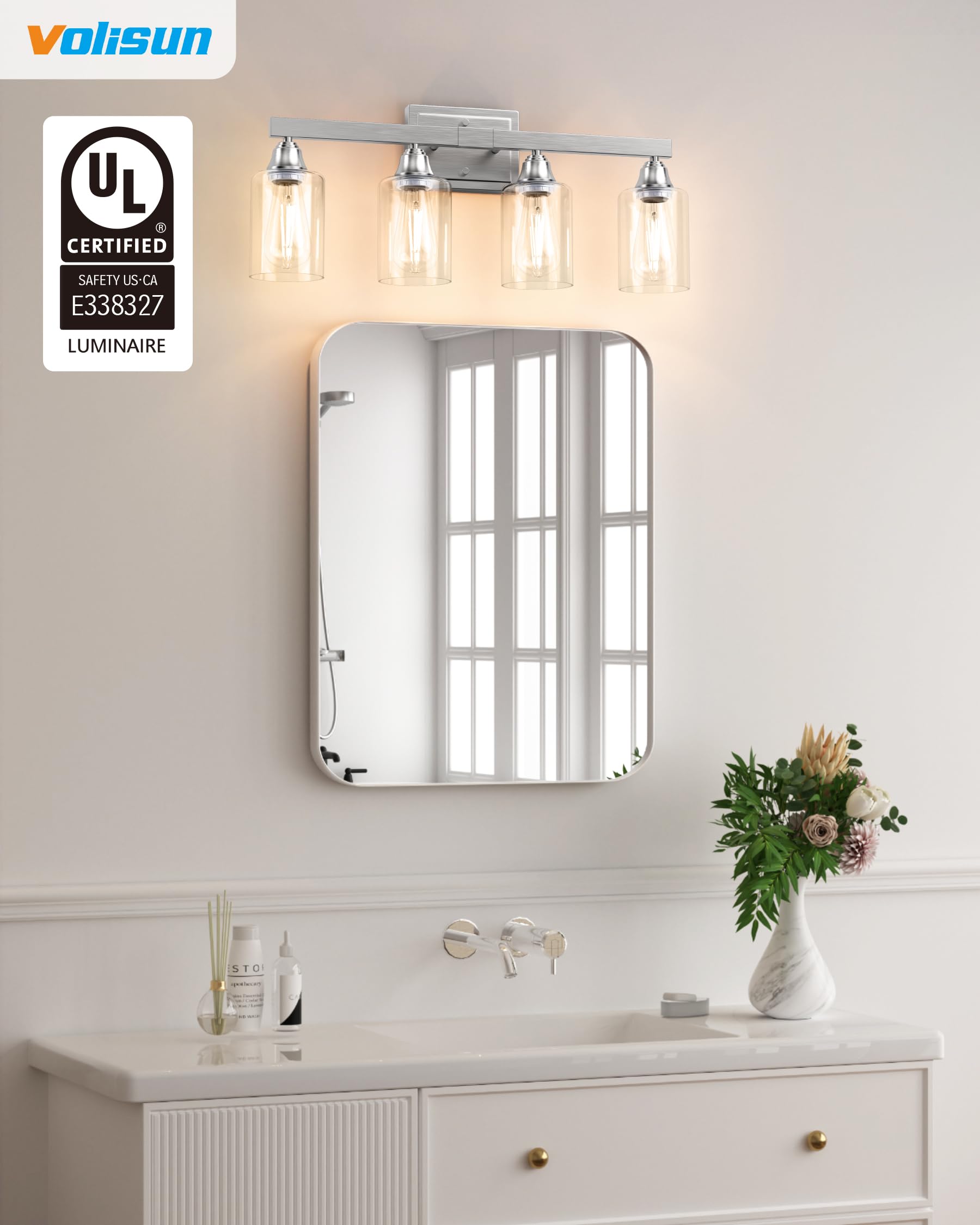 Volisun 4-Light Bathroom Light Fixtures, Brushed Nickel Bathroom Vanity Light Over Mirror, Modern Vanity Light For Bathroom, Bat