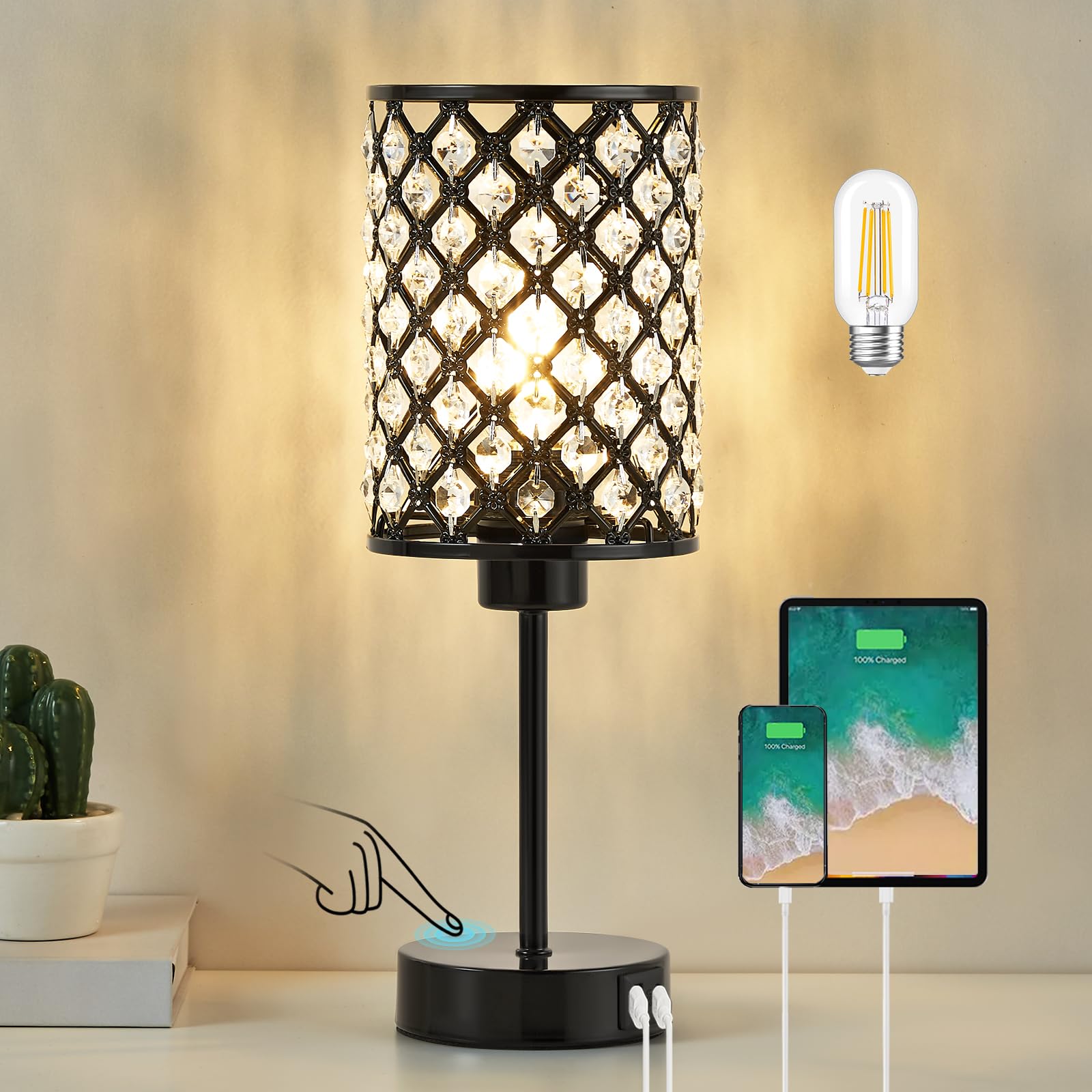 GyroVu Crystal Table Lamp, Black Lamp for Bedroom Nightstand with USB C+A Ports, 3 Way Dimmable Touch Lamp with Crystal Shade, B