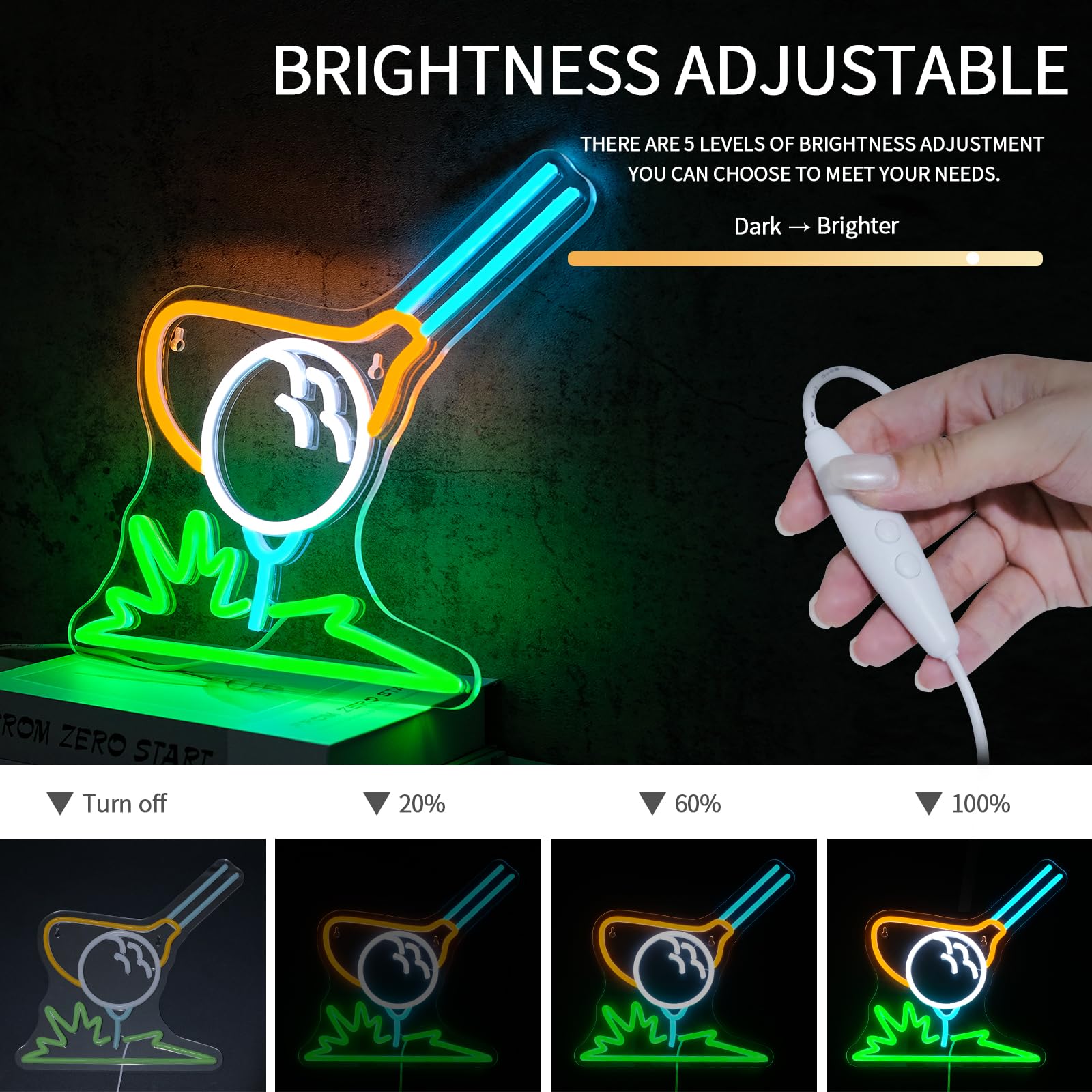 Virlusy Golf Neon Sign - Dimmable LED Wall Decor, Acrylic, Model YL-Golf, USB Powered, Green Yellow White, Ideal for Sports Room and Man Cave