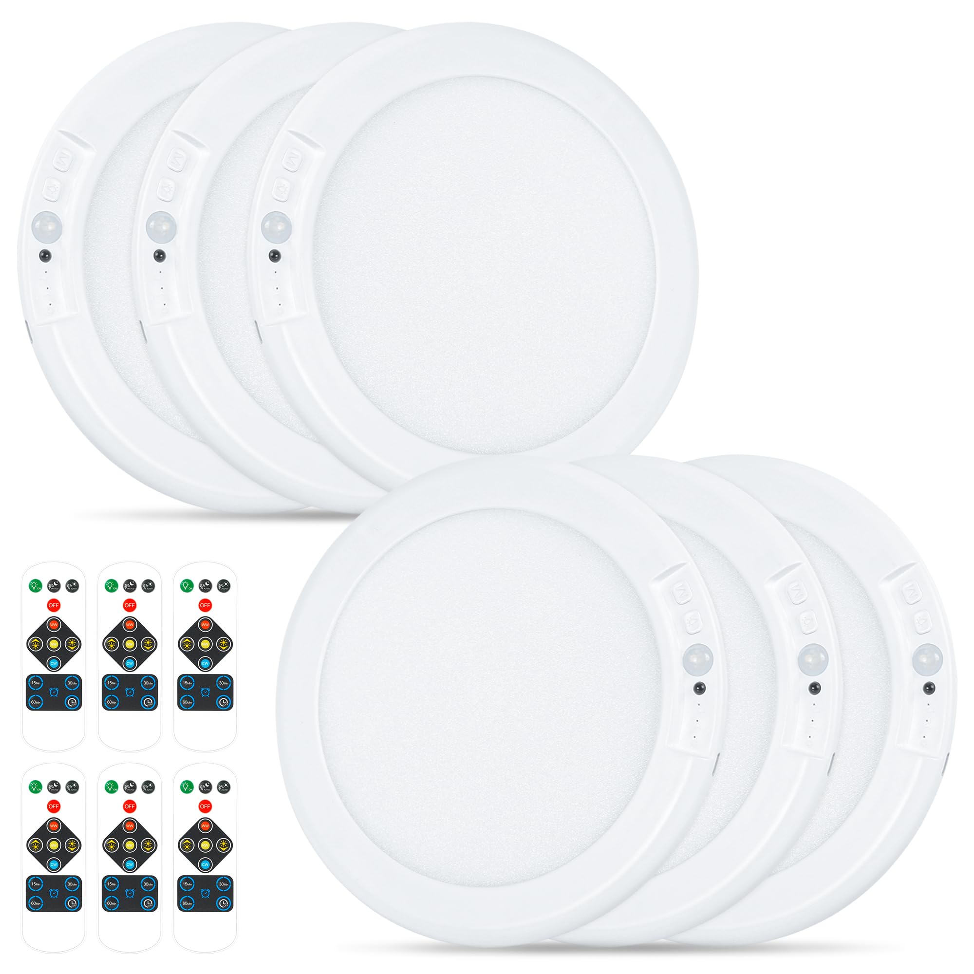 Rodalims Rechargeable Ceiling Light, Motion Sensor, Dimmable, 6 Packs, Multicolor, Model RL0029A4