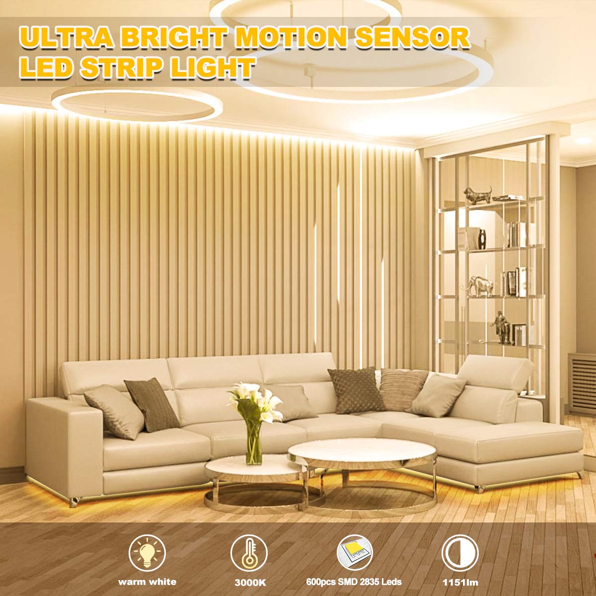MY BEAUTY LIGHT Motion Activated LED Strip Lights, 32.8FT Warm White, Model RG101, Plastic Material, 2 Lighting Modes, Under Cabinet Use