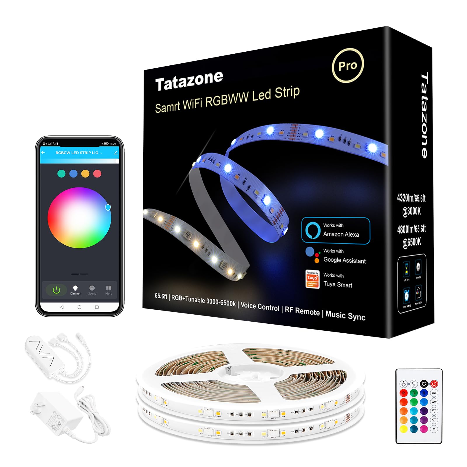 Tatazone RGBWW Smart LED Strip Lights, 65.6ft Tunable White 3000K to 6500K+RGB WiFi Led Lights Work with Alexa Google, Music Syn