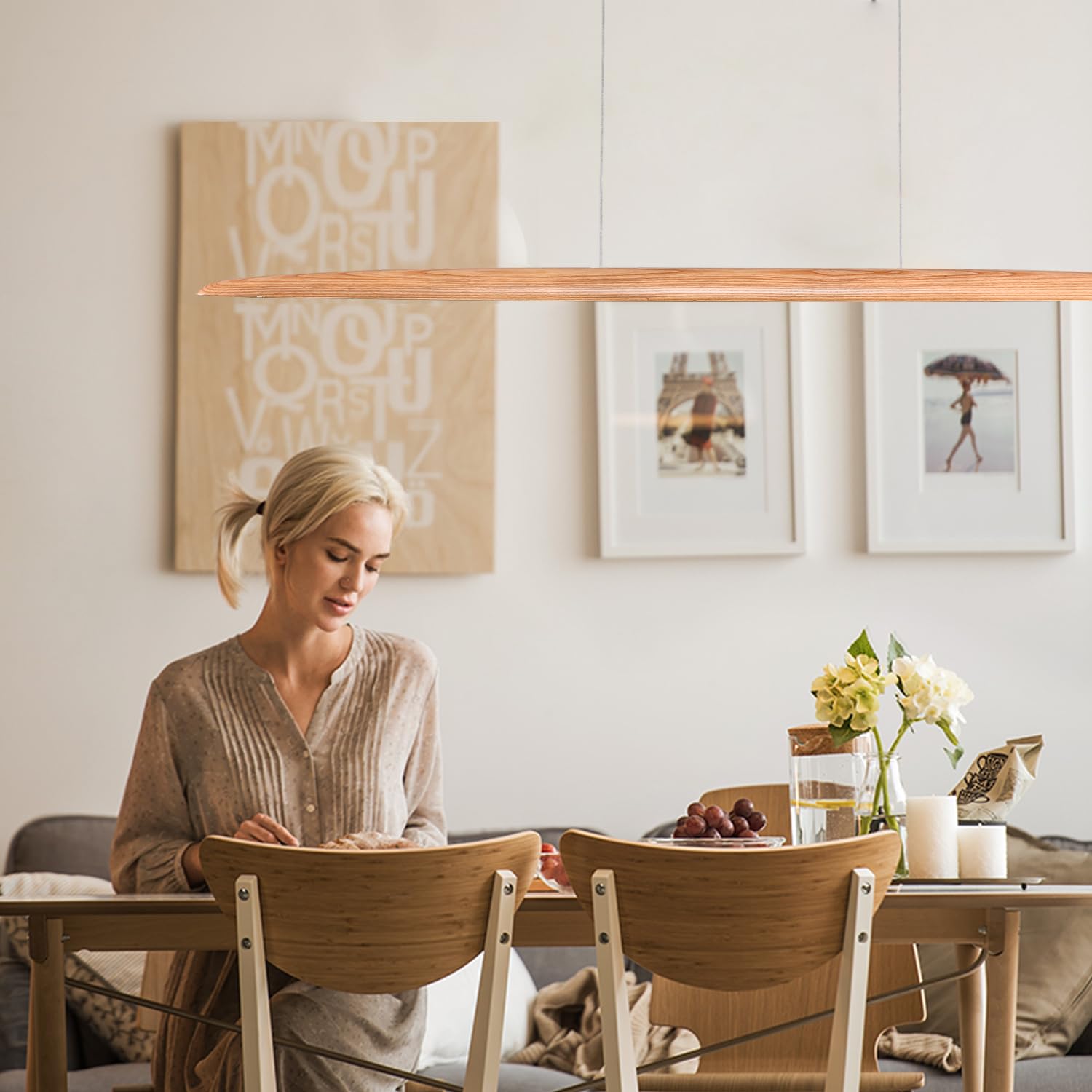 Yisdesign 59'' 40W Wood Led Linear Pendant Light Fixture Led Dining Room Light Dimmable Hanging Light Fixture For Dining Room Ki