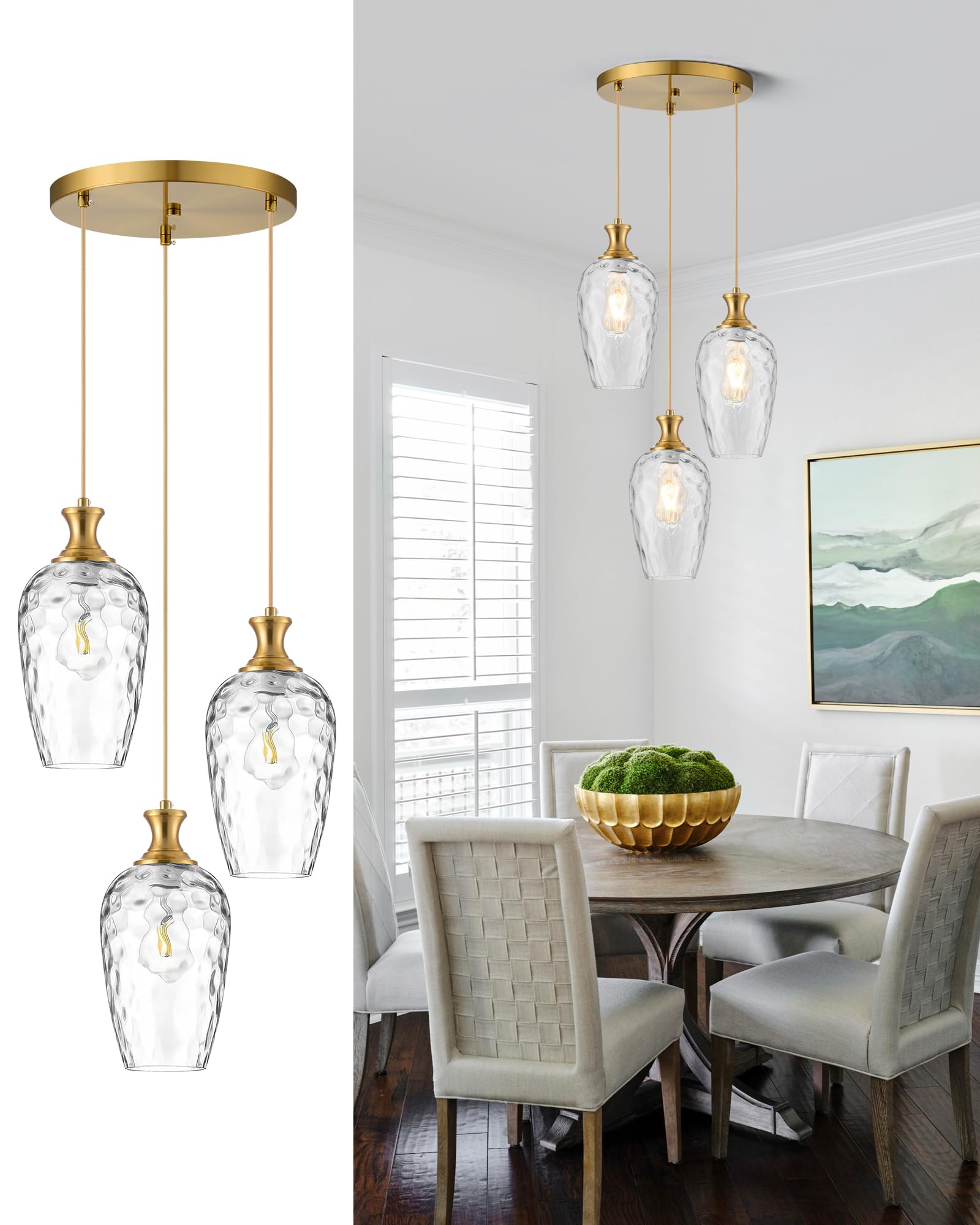 Saduenfr 3-Light Pendant Lighting  Modern Brushed Gold Dining Room Chandelier Light Fixture Over Table With Hammered Glass  Brass Cluster Hanging Lights For Kitchen Island Dining Room Bedroom  E26