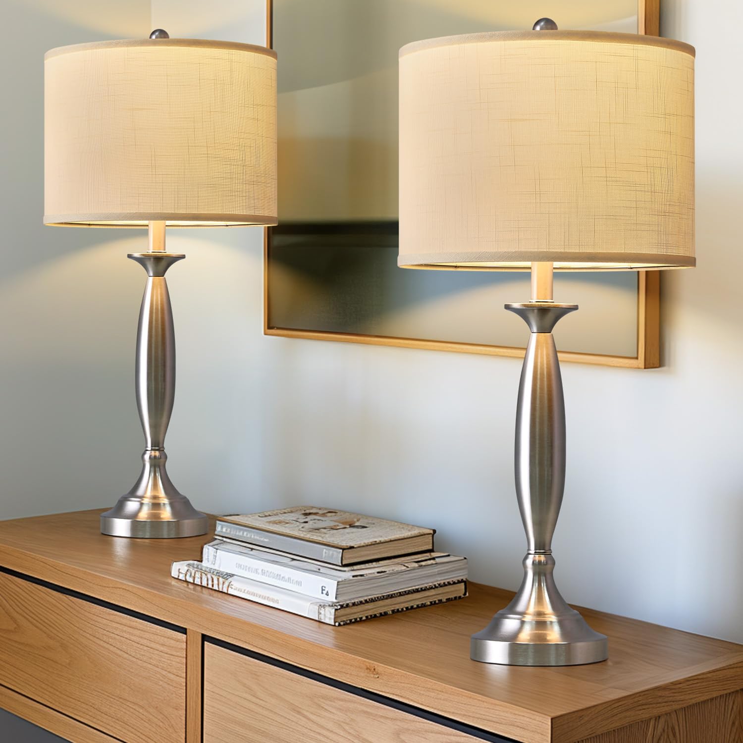 Oneach Table Lamps Set of 2, 27in Modern Fabric Drum Shade, USB Charging Port, Brushed Steel, Model AMZ-T523