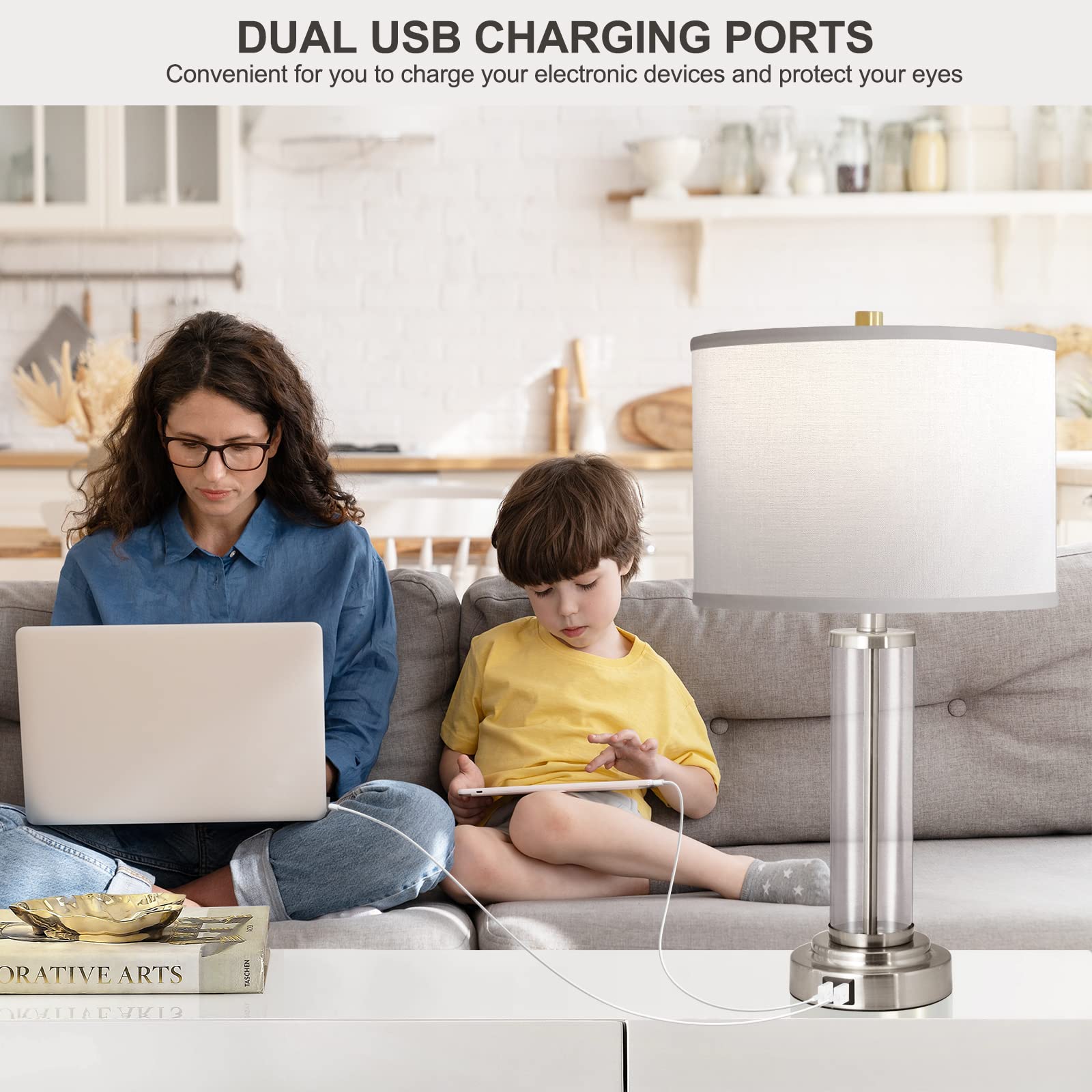 QiMH Touch Control Table Lamps Set of 2, 3-Way Dimmable, USB Ports, Silver, Modern Nightstand Lamp with 2 LED Bulbs